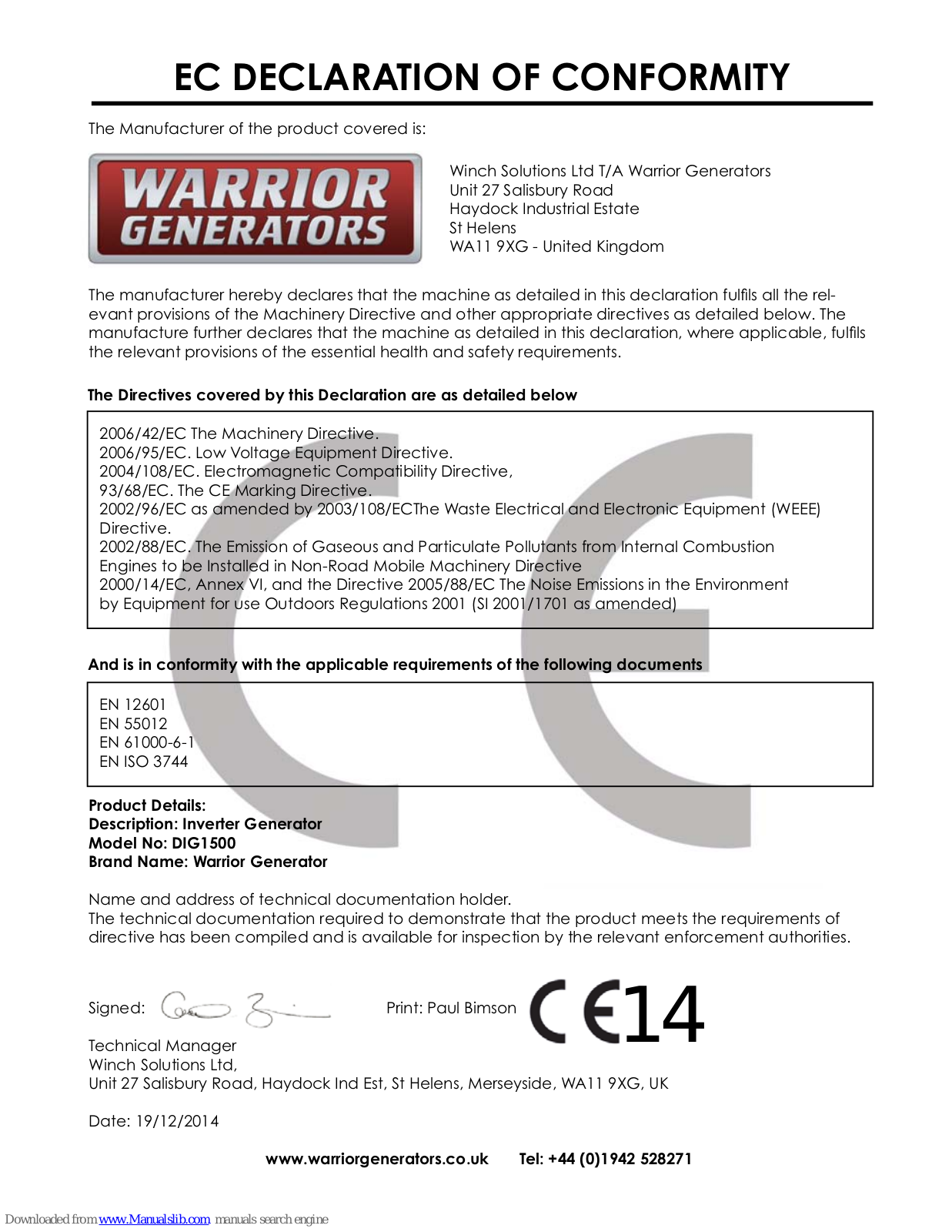 WARRIOR DIG1500 Instruction Manual