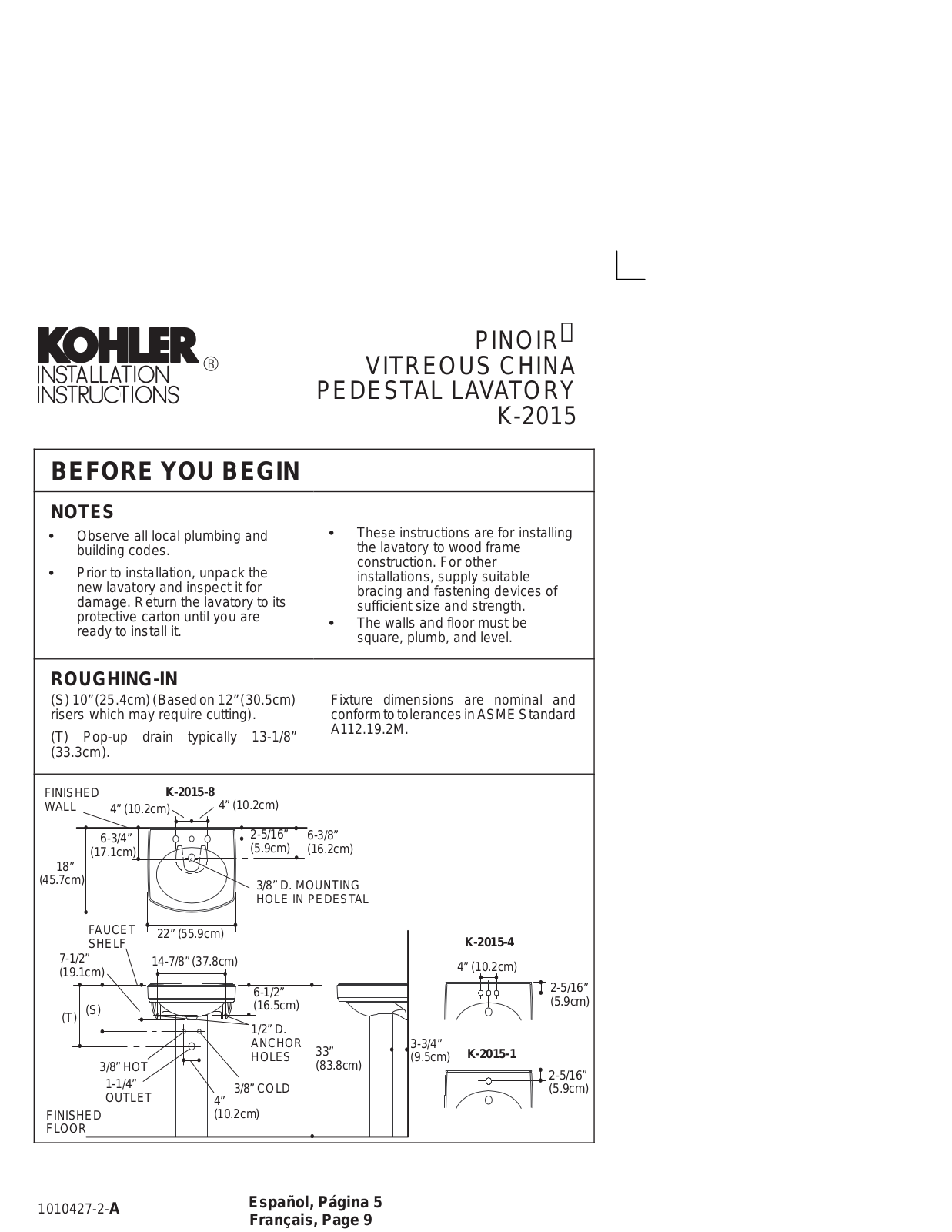 Kohler PINOIR K-2015 User Manual