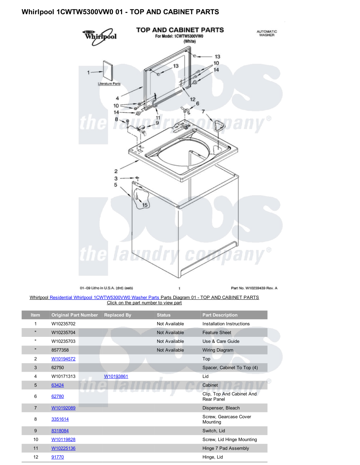 Whirlpool 1CWTW5300VW0 Parts Diagram