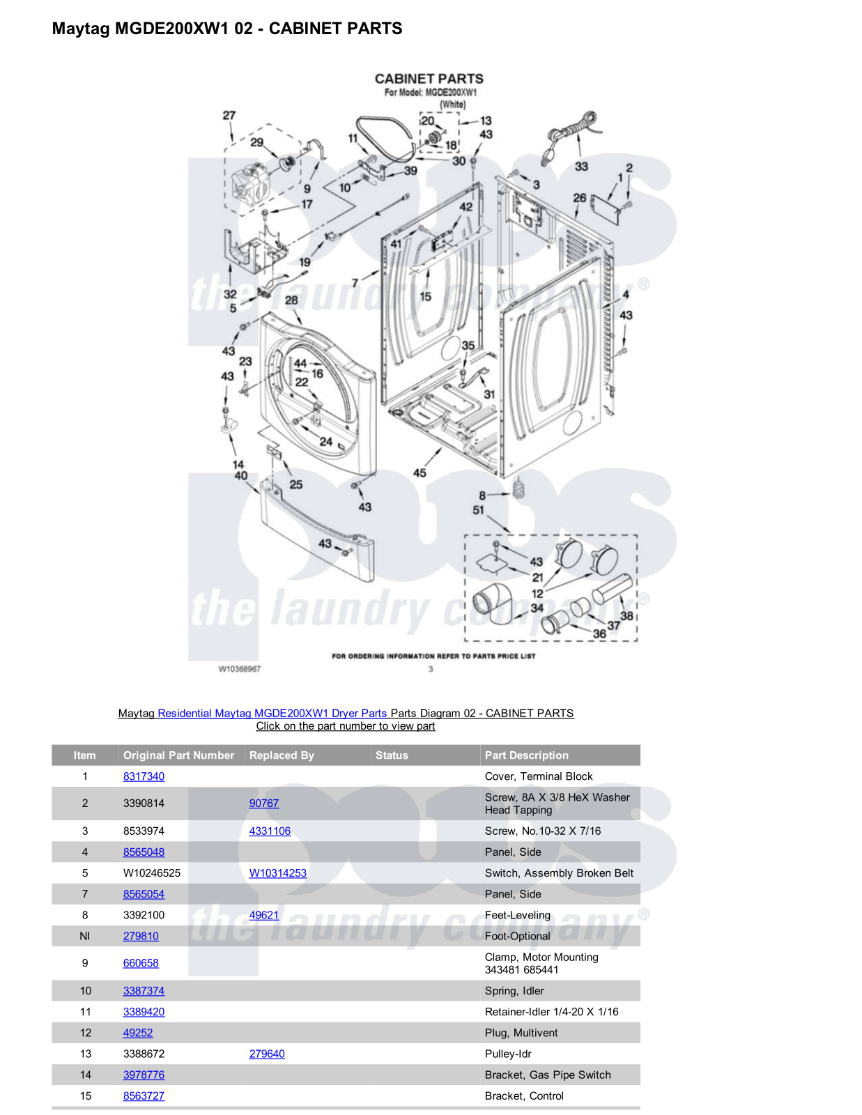 Maytag MGDE200XW1 Parts Diagram