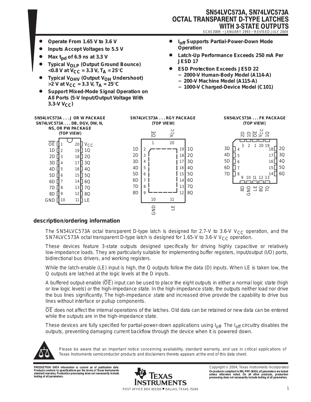 TEXAS INSTRUMENTS SN54LVC573A, SN74LVC573A Technical data