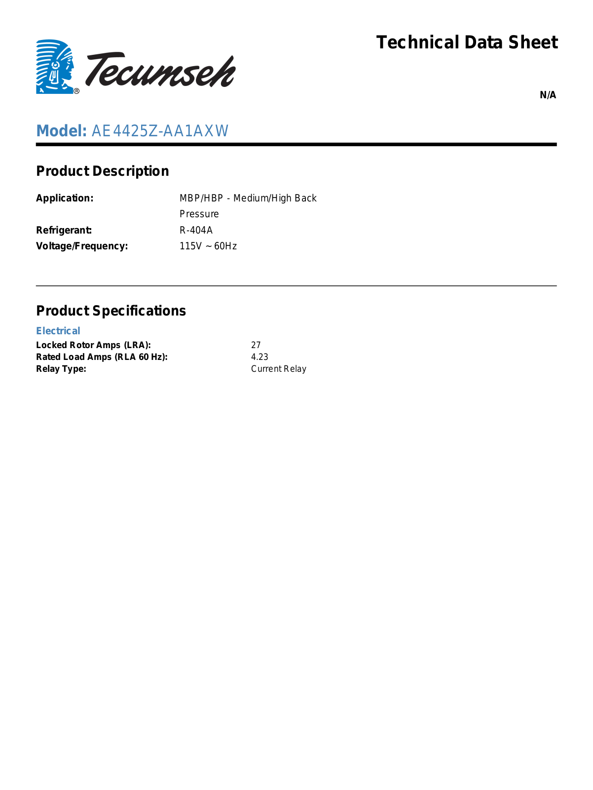 Tecumseh AE4425Z-AA1AXW User Manual