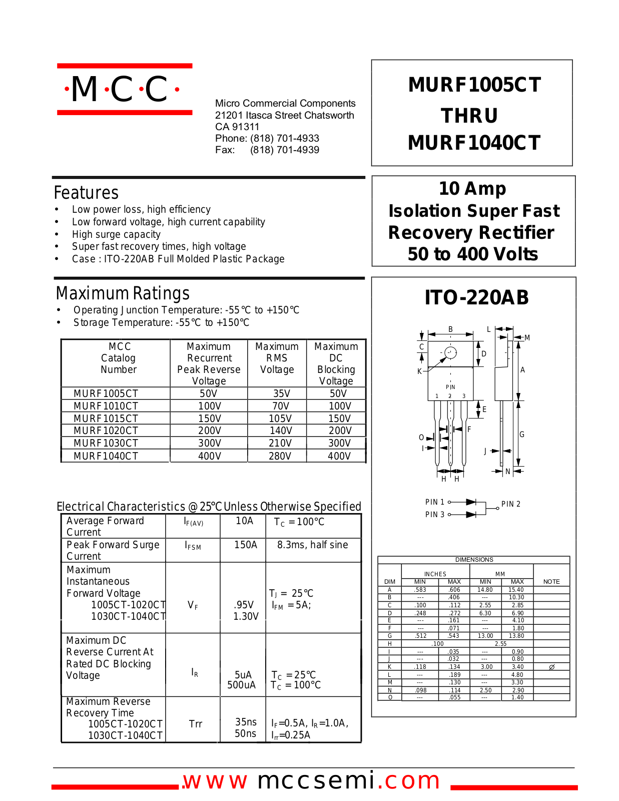 MCC MURF1015CT, MURF1005CT, MURF1040CT, MURF1020CT, MURF1030CT Datasheet