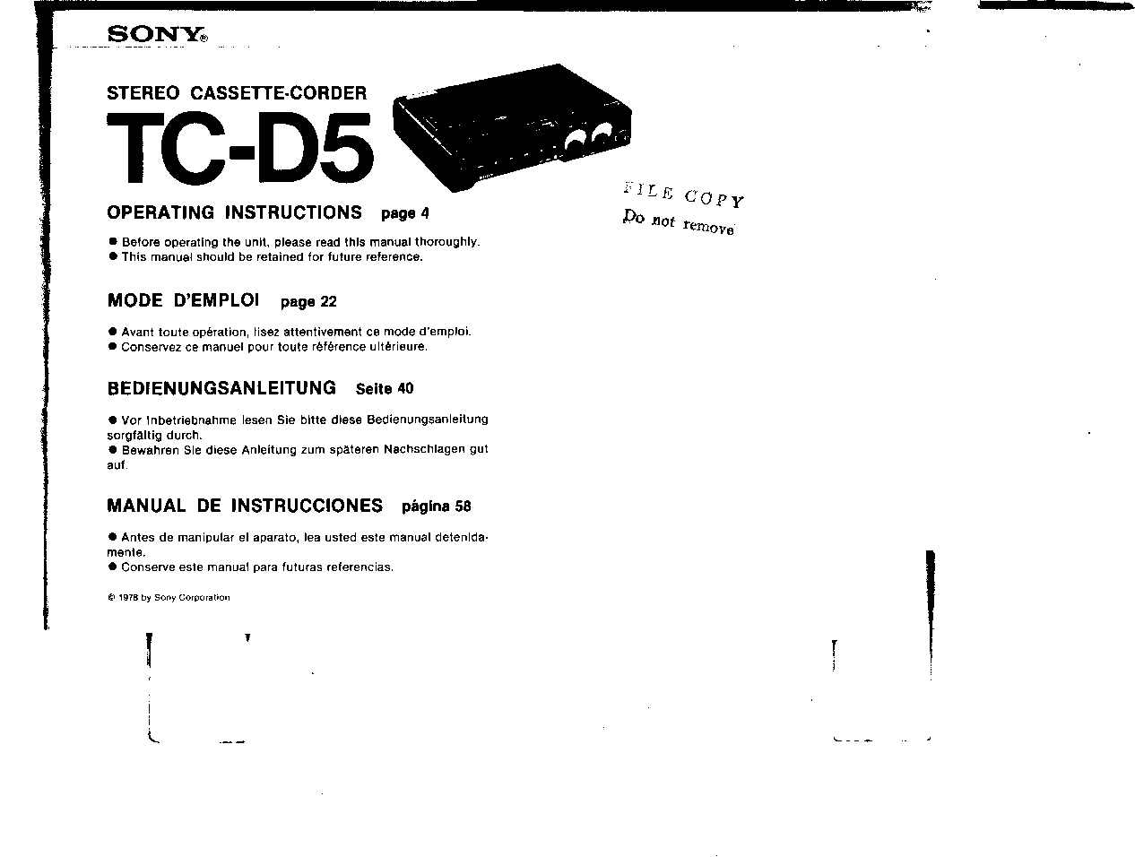 Sony TC-D5 User Manual