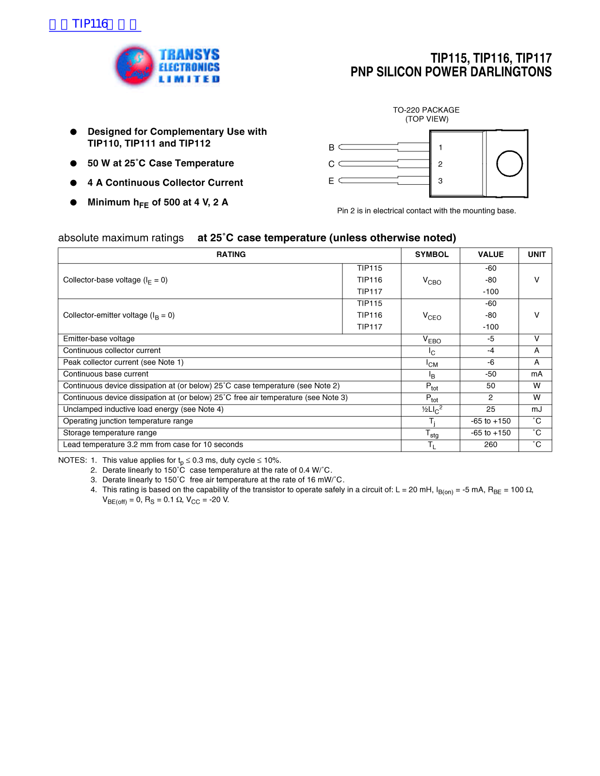 Transys Electronics TIP115, TIP116, TIP117 Technical data