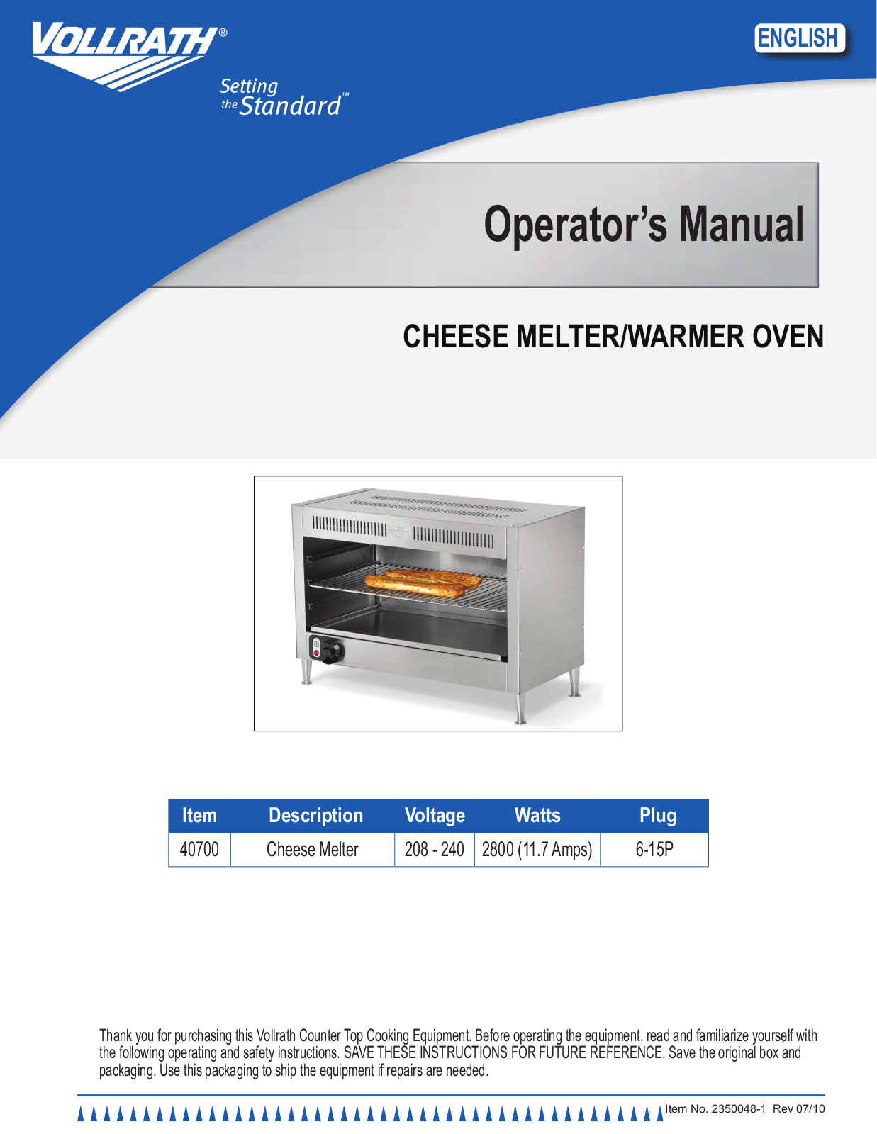 Vollrath 40700 Installation  Manual