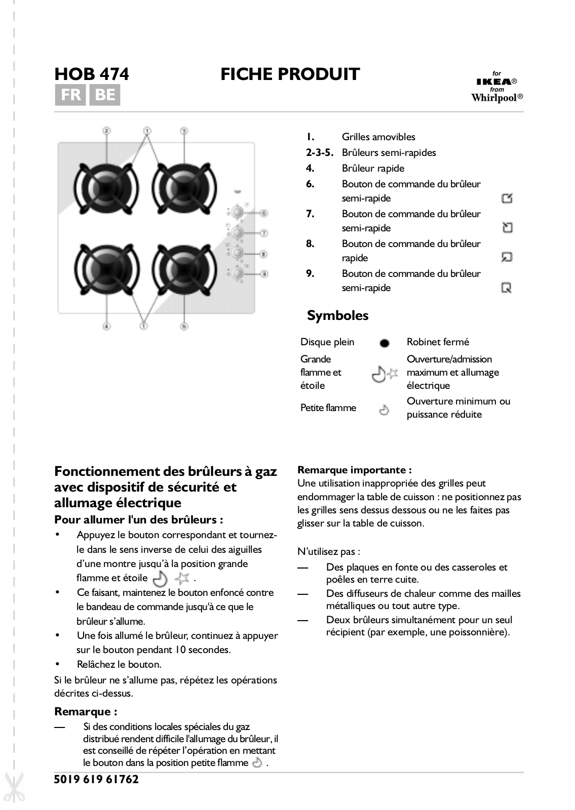 Whirlpool HOB 474 PRODUCT SHEET