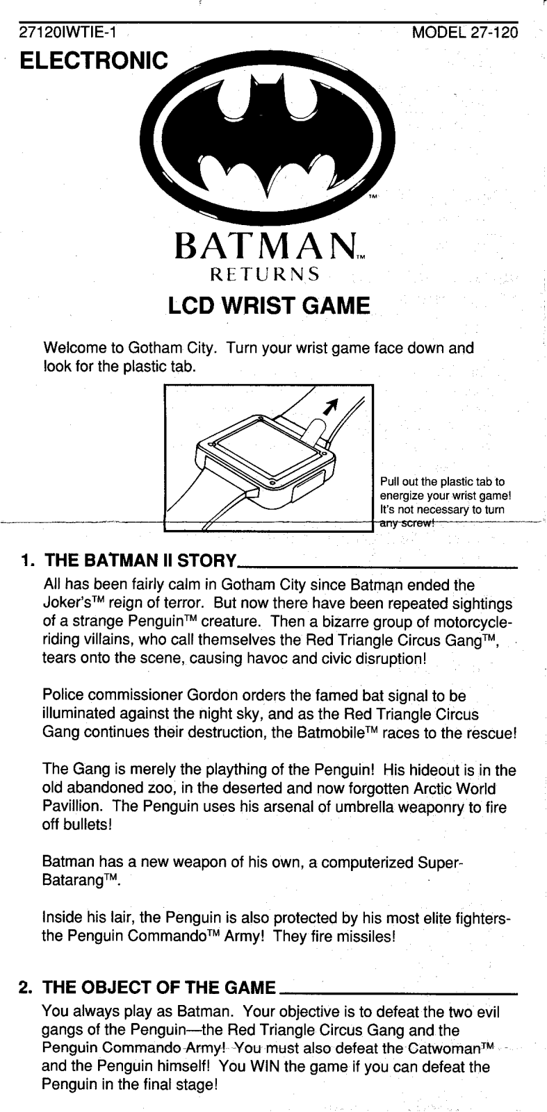 HASBRO Batman Returns Electronic LCD Wrist Game User Manual