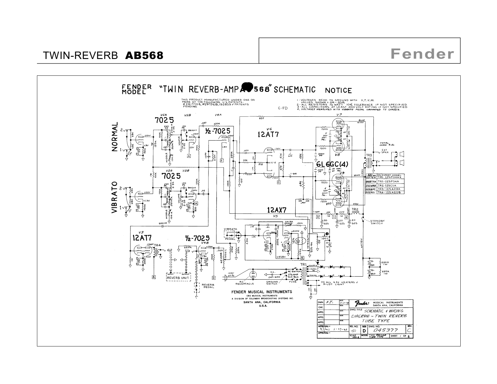 Fender Twin reverb ab568 Schematic