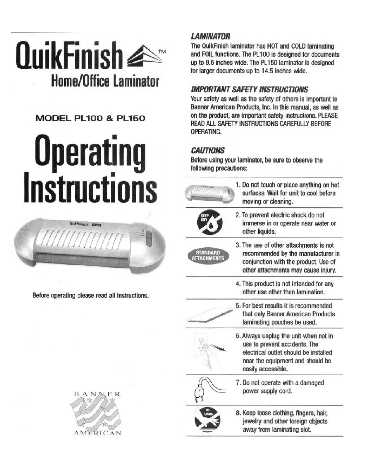 Banner American PL100, PL150 Operating Instruction