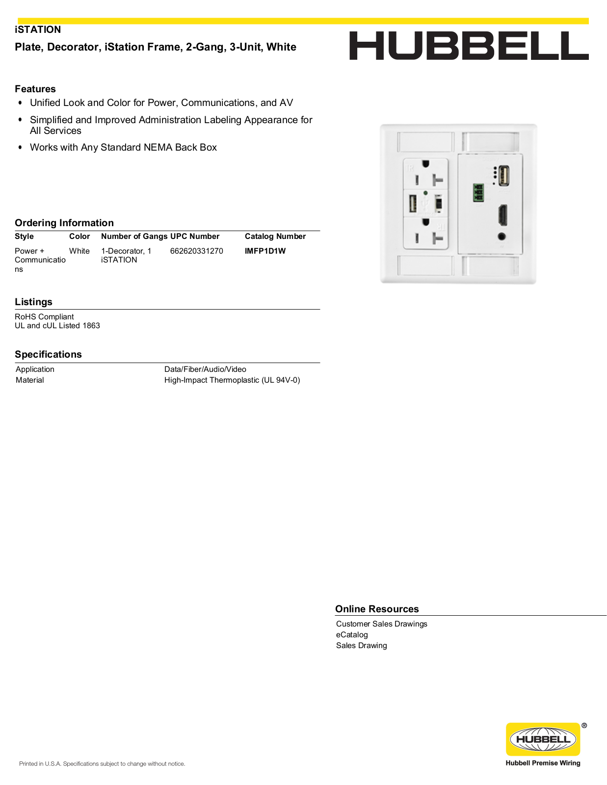 Hubbell IMFP1D1W Specifications