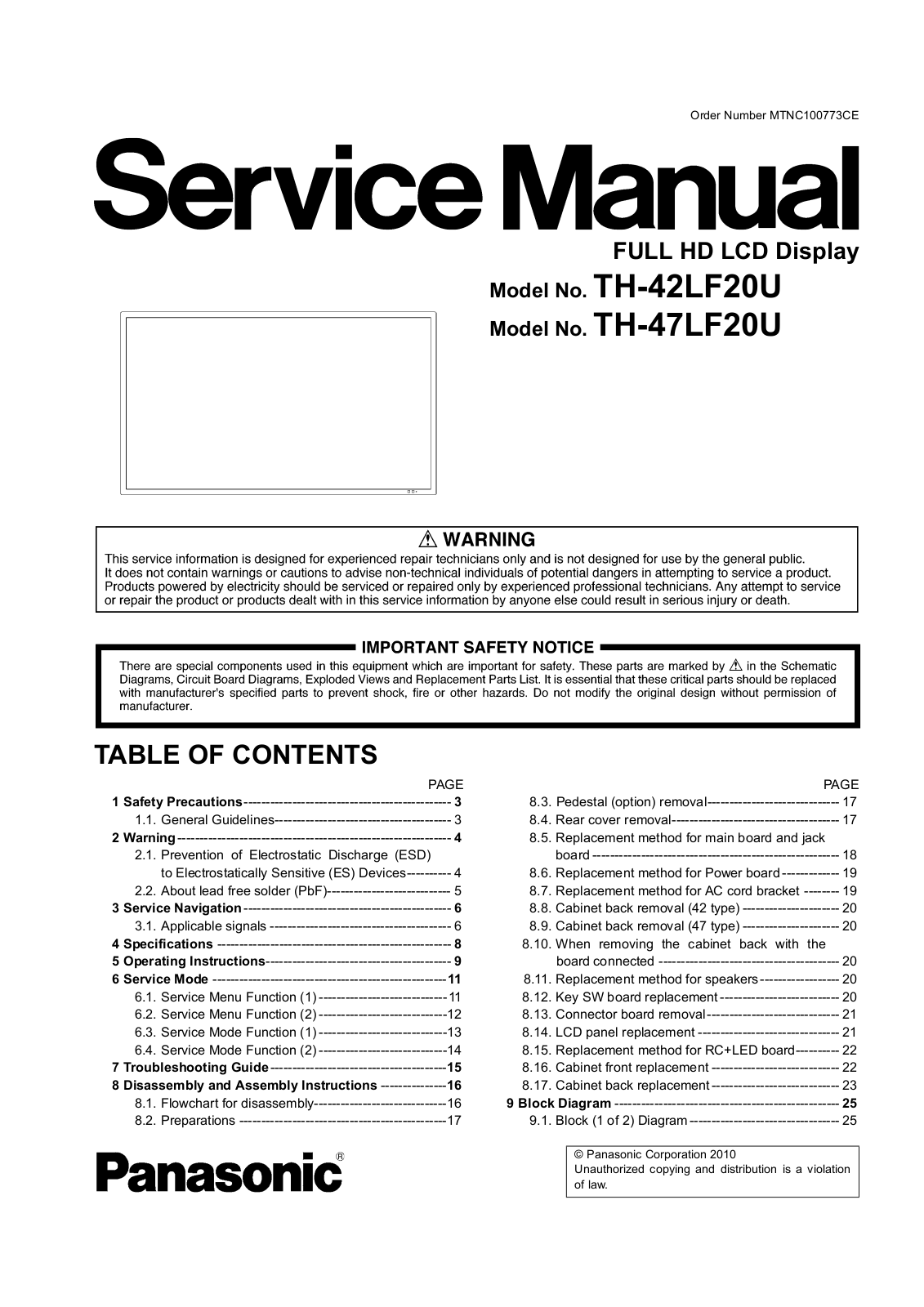 Panasonic TH-42LF20U, TH-47LF20U Service Manual