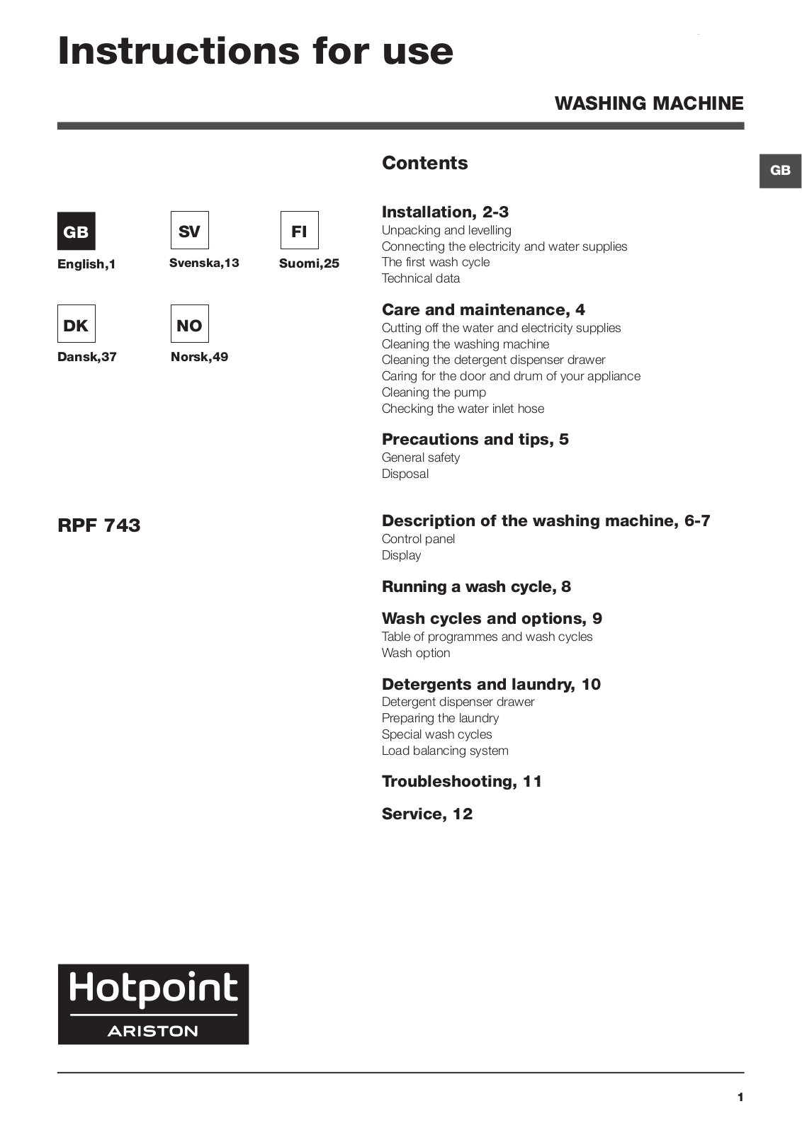 HOTPOINT/ARISTON RPF 743 EU User Manual