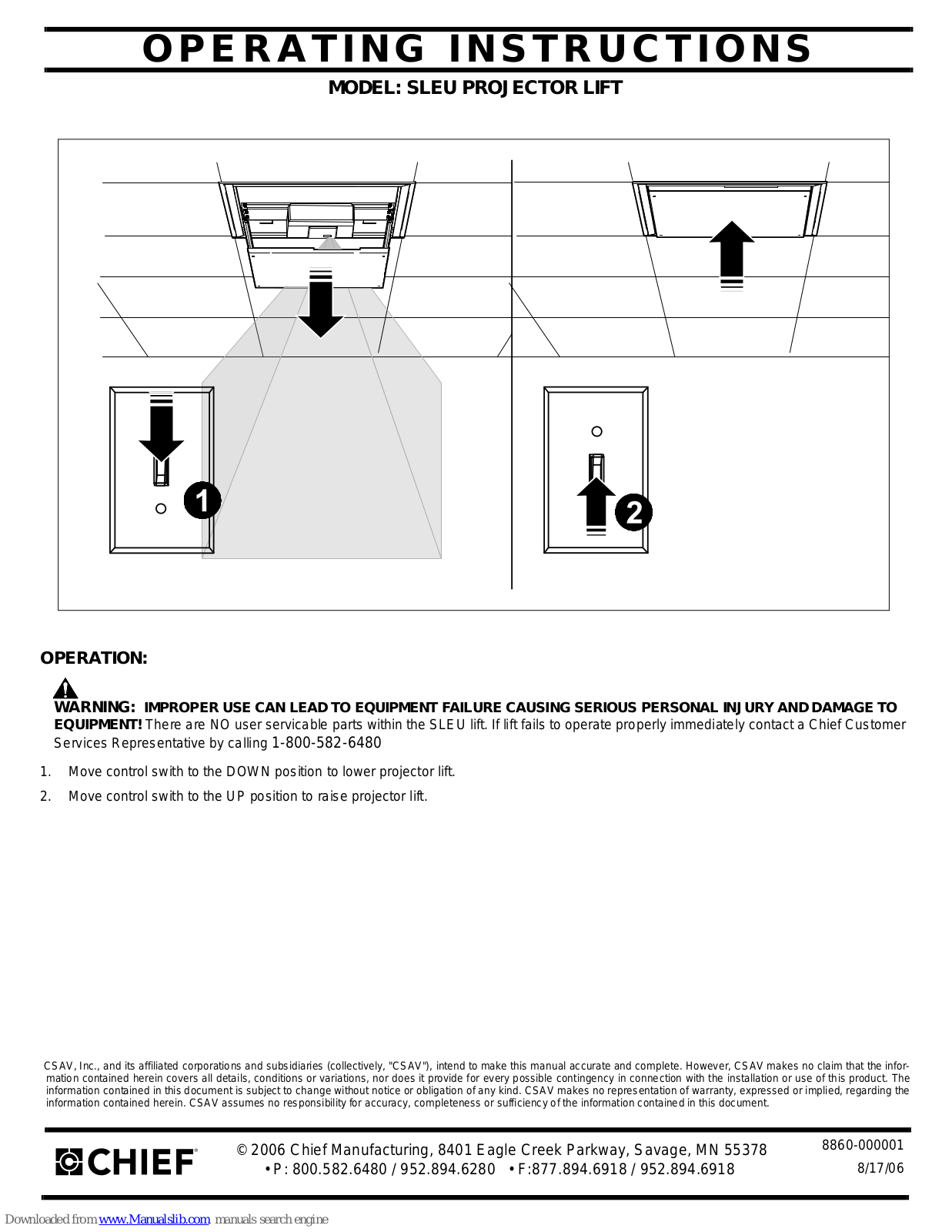 CHIEF SLEU PROJECTOR LIFT Operating Instructions Manual