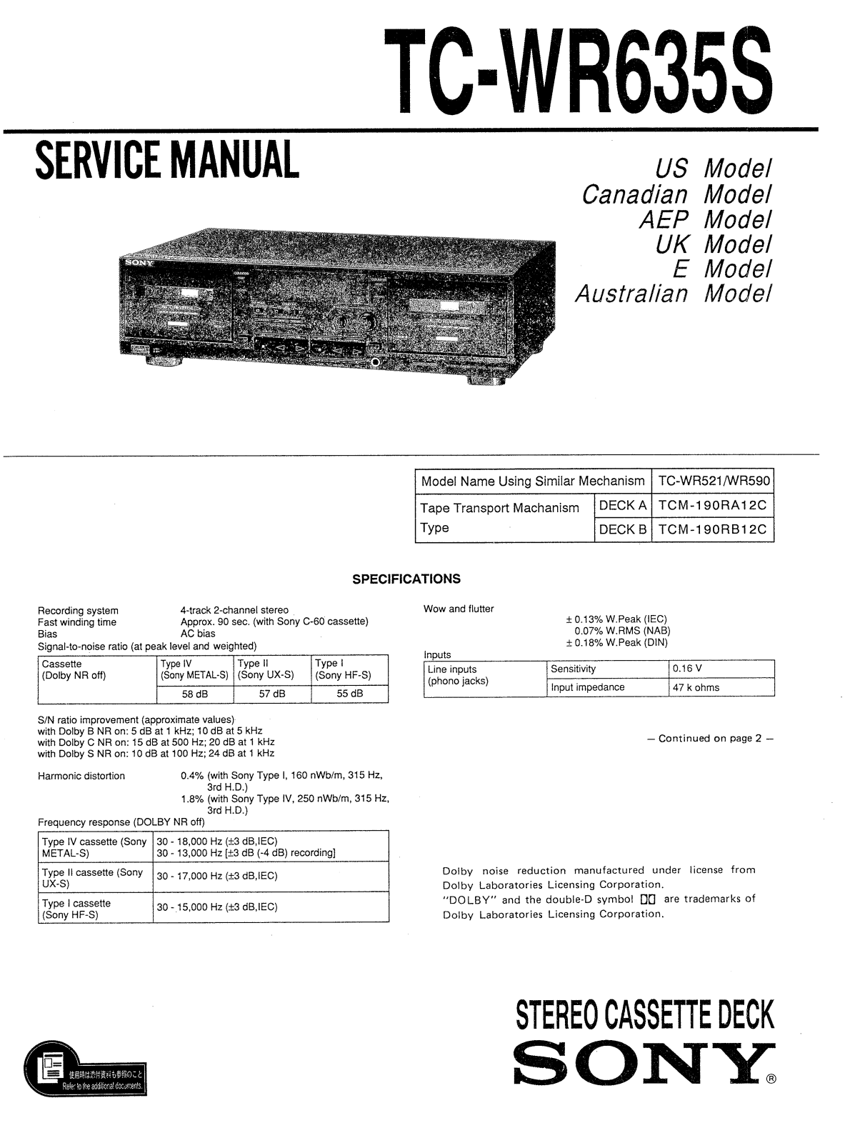 Sony TC-WR635S Service Manual