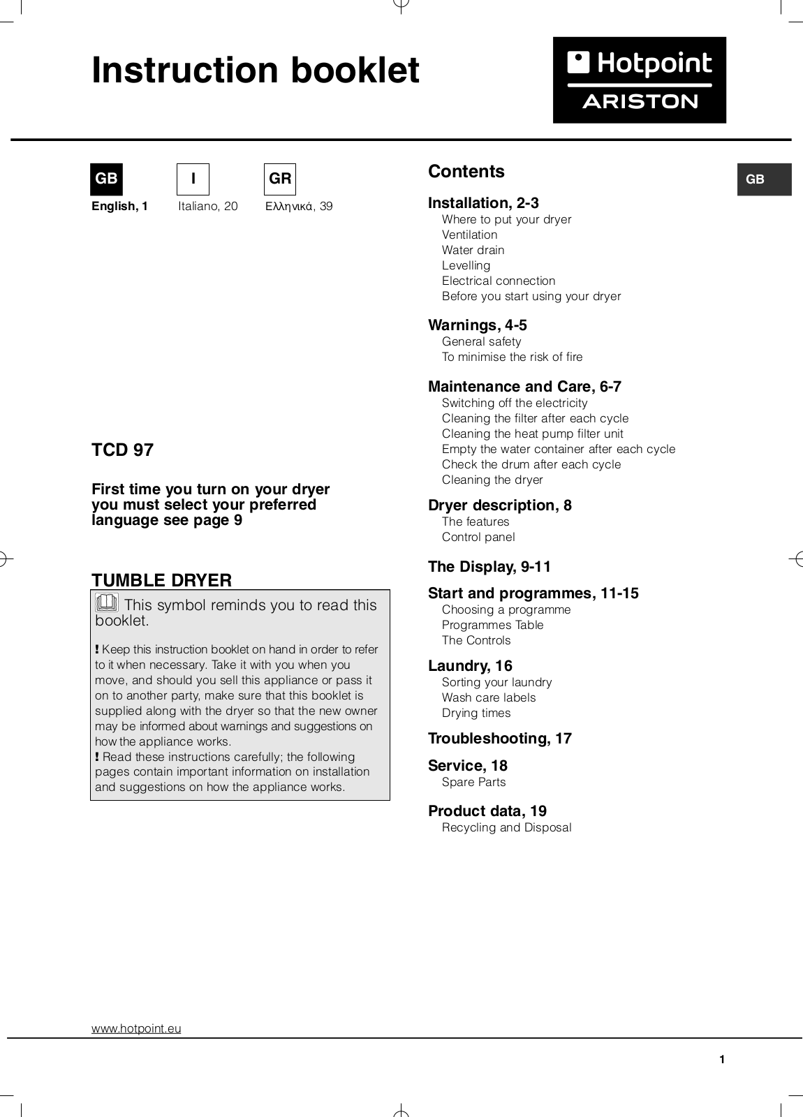 Hotpoint TCD 971 6CY1 User Manual