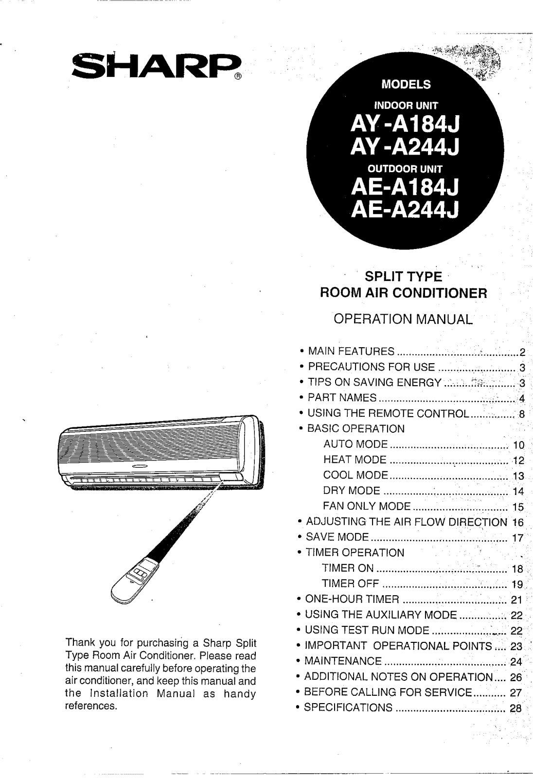 Sharp AE-A184J, AE-A244J, AY-A184J, AY-A244J User Manual