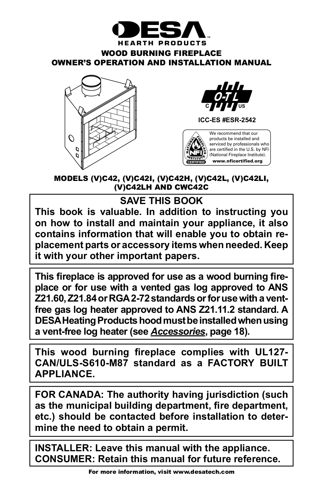 Desa VC42, VC42I, C42I, C42, VC42H Owner's Operation And Installation Manual