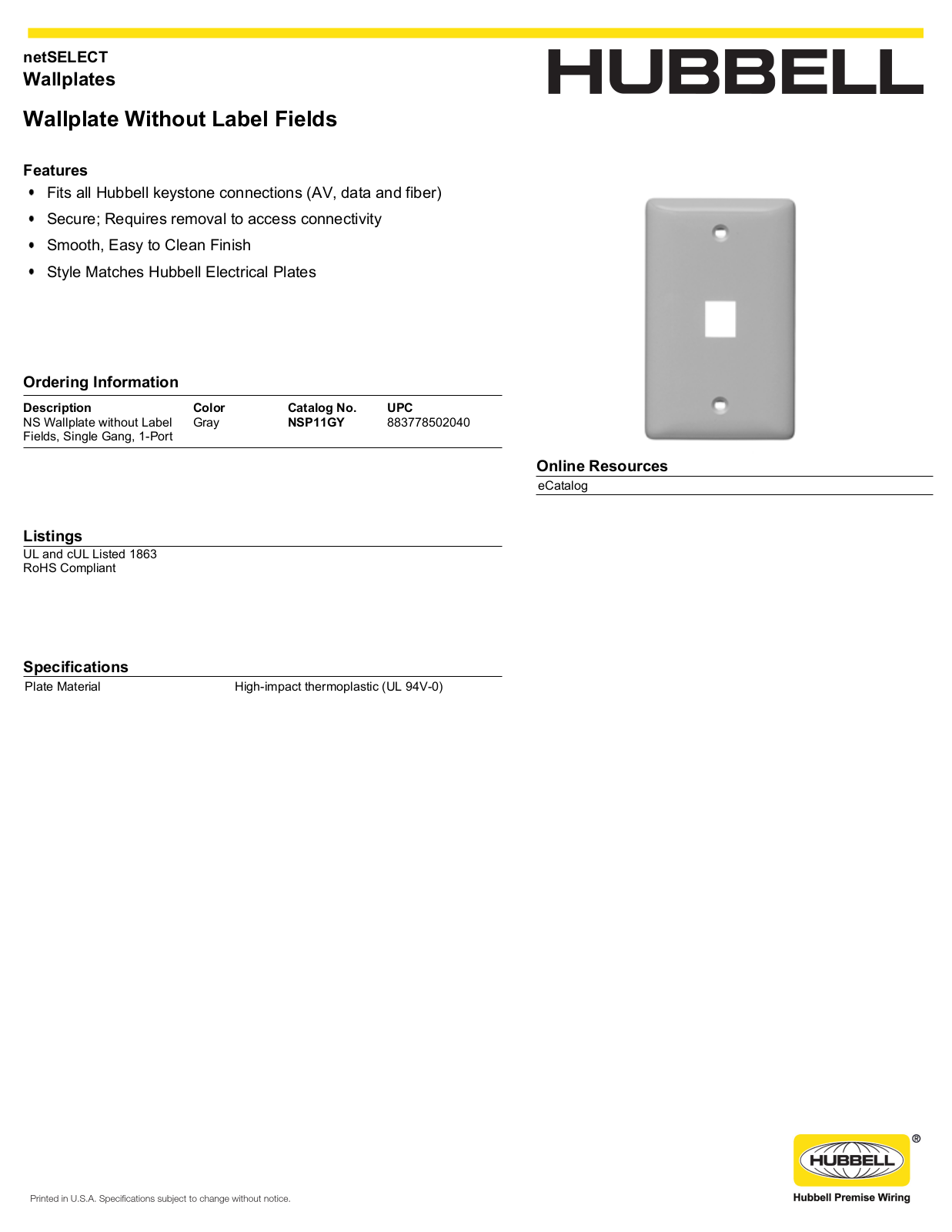 Hubbell NSP11GY Specifications