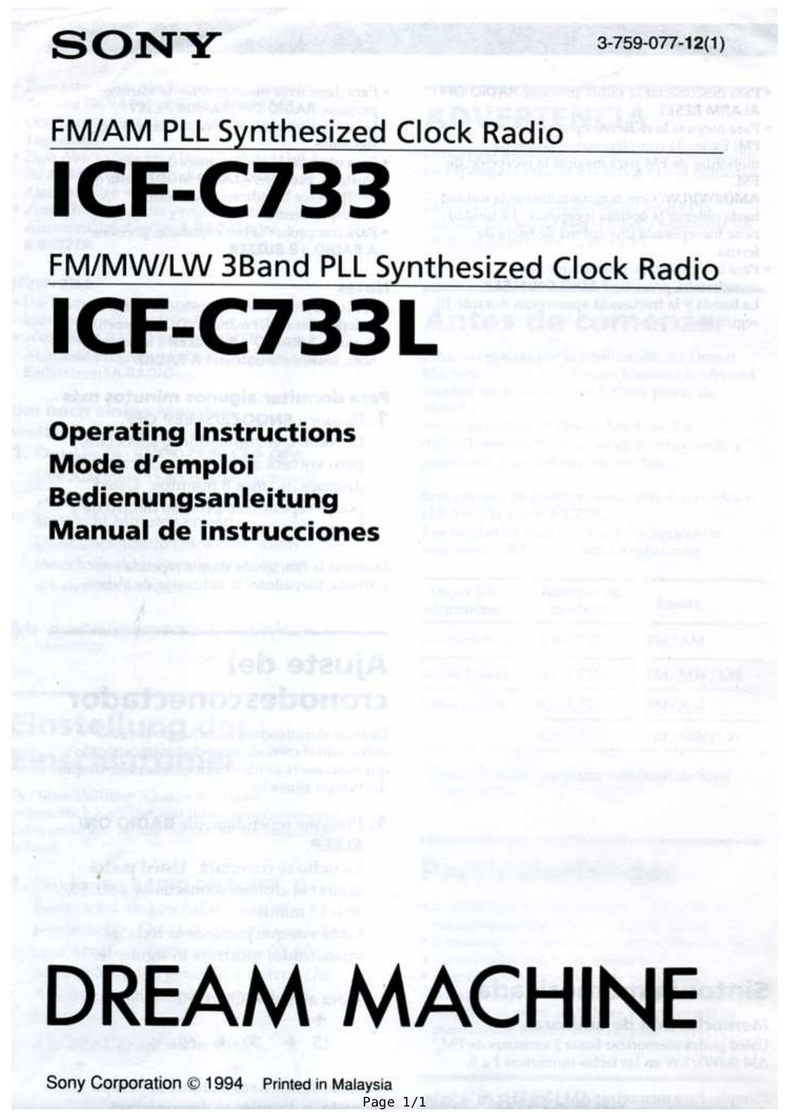 SONY ICF-C733L User Manual