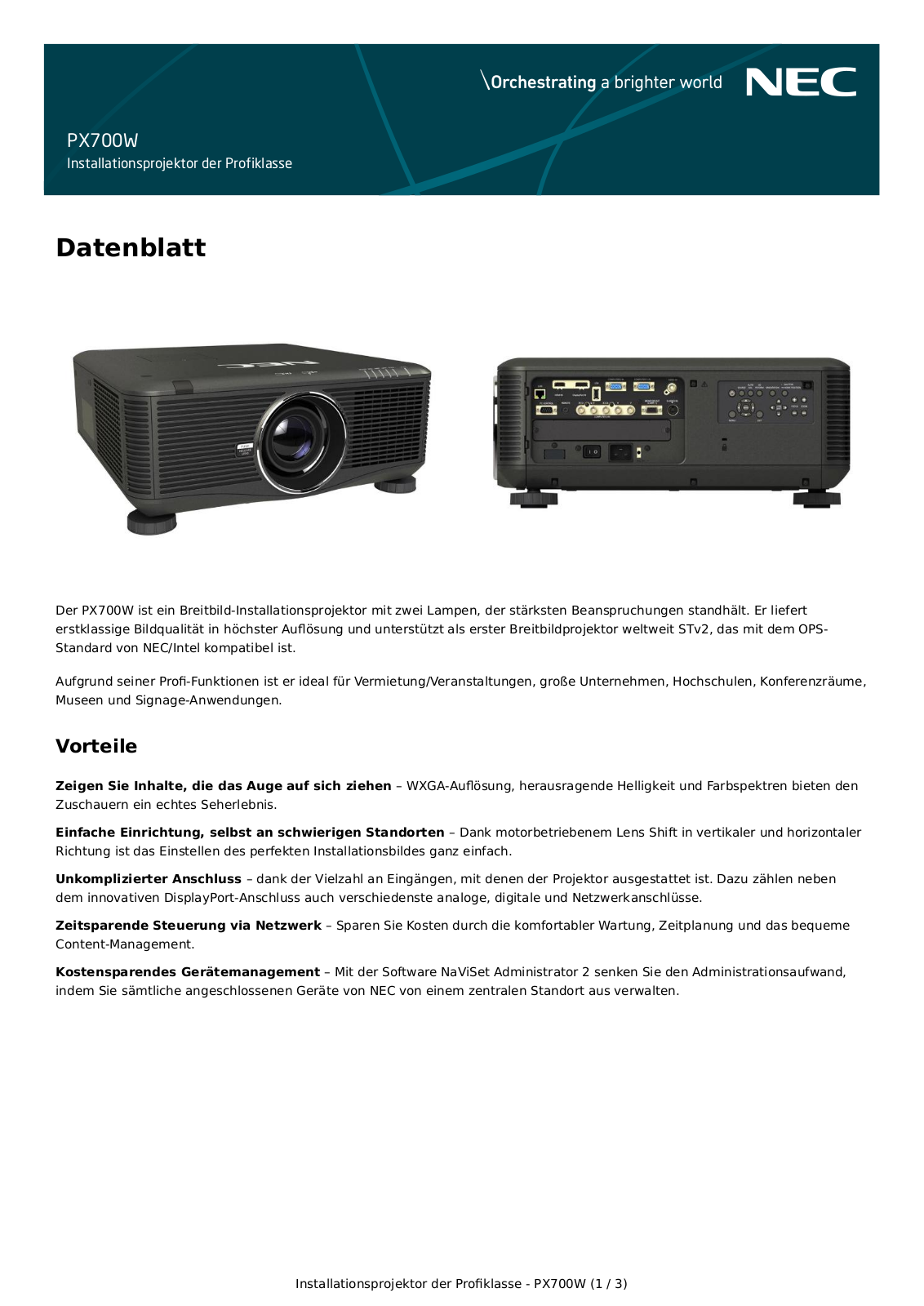 NEC PX700W Datenblatt