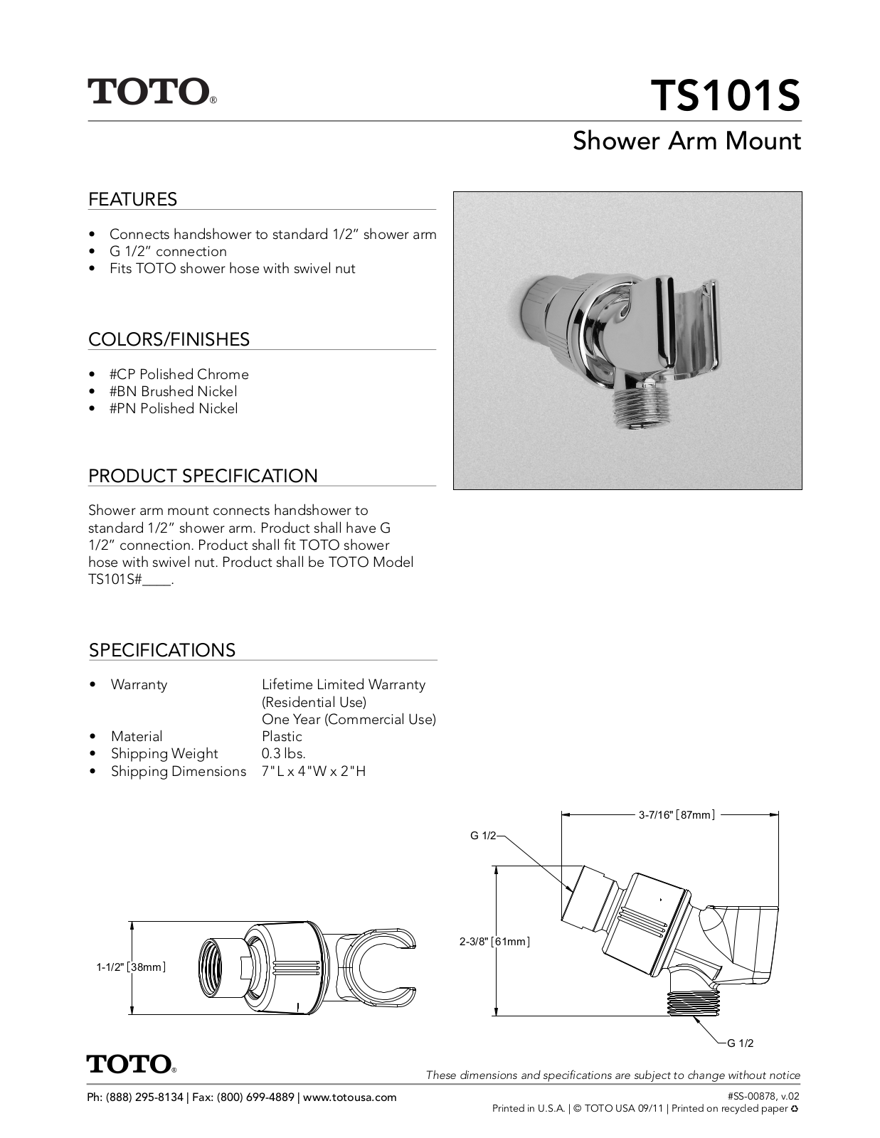 TOTO SBSA1822 Specifications - ManualMachine.com