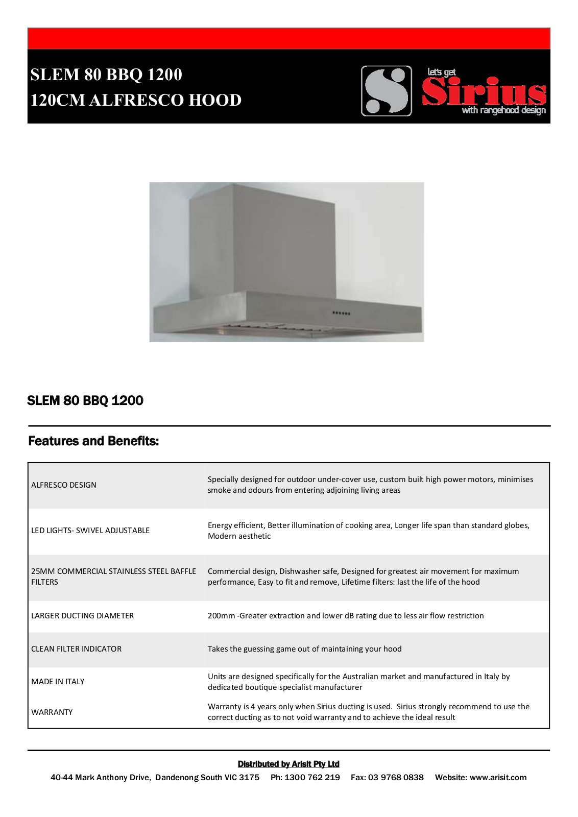 Sirius SLEM80BBQ1200 Specifications Sheet - ManualMachine.com