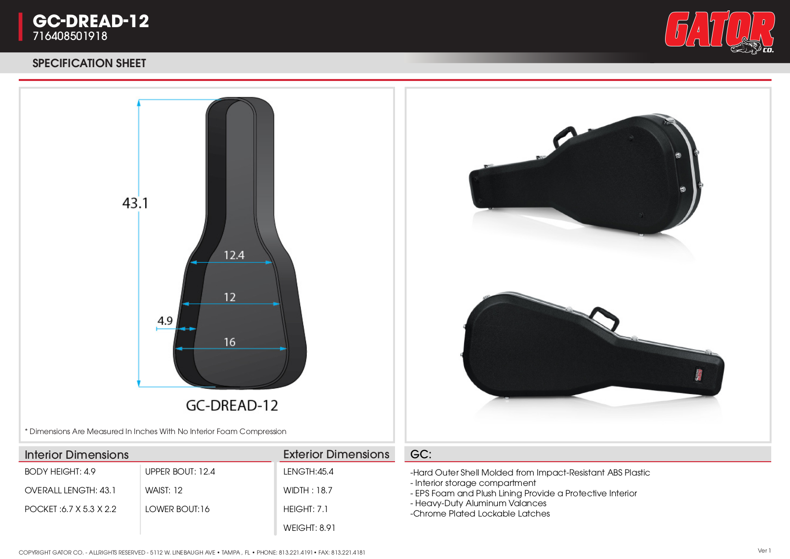 Gator GC-DREAD-12 Specifications