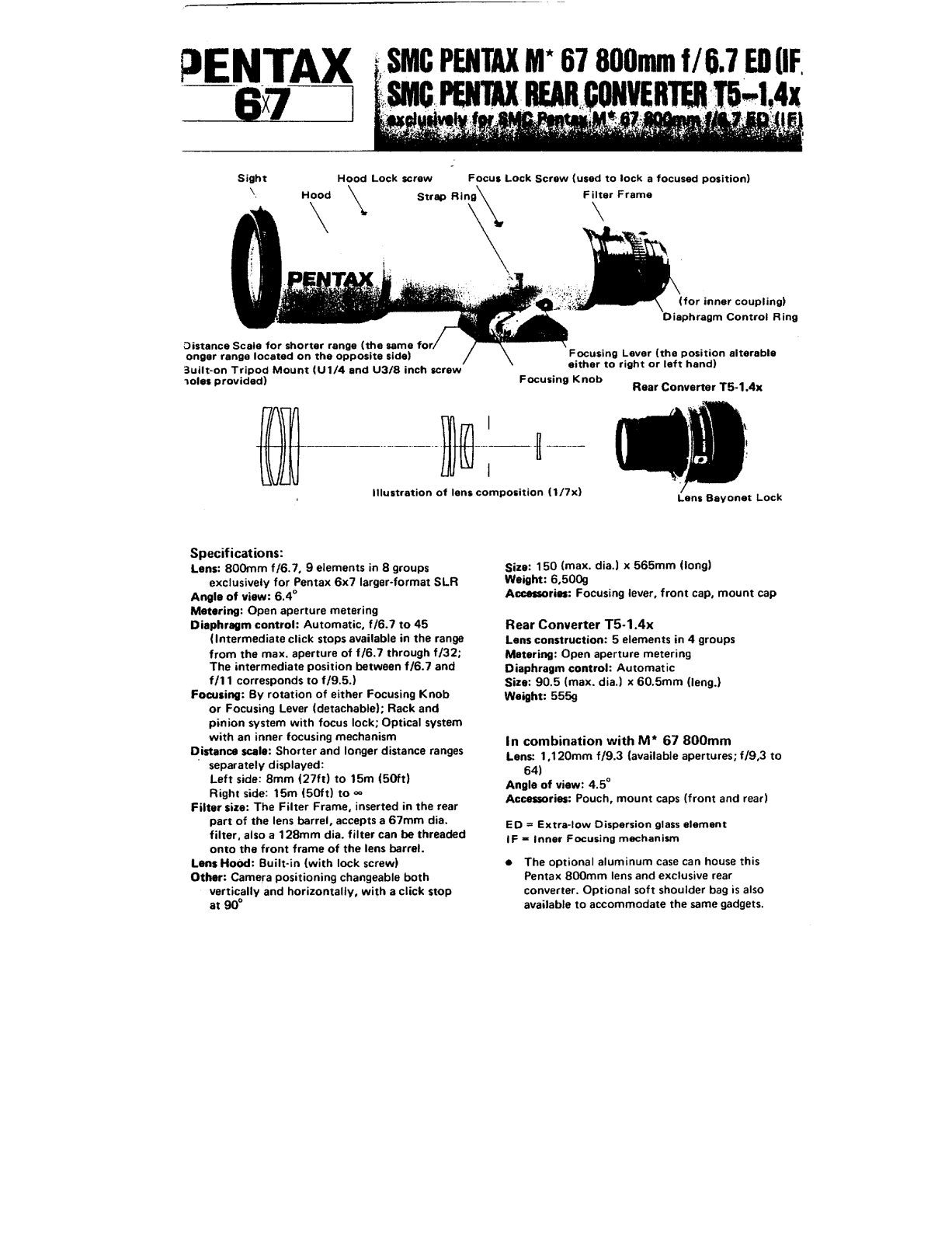 Pentax 67 REAR CONVERTER T5-1.4X Operating Manual