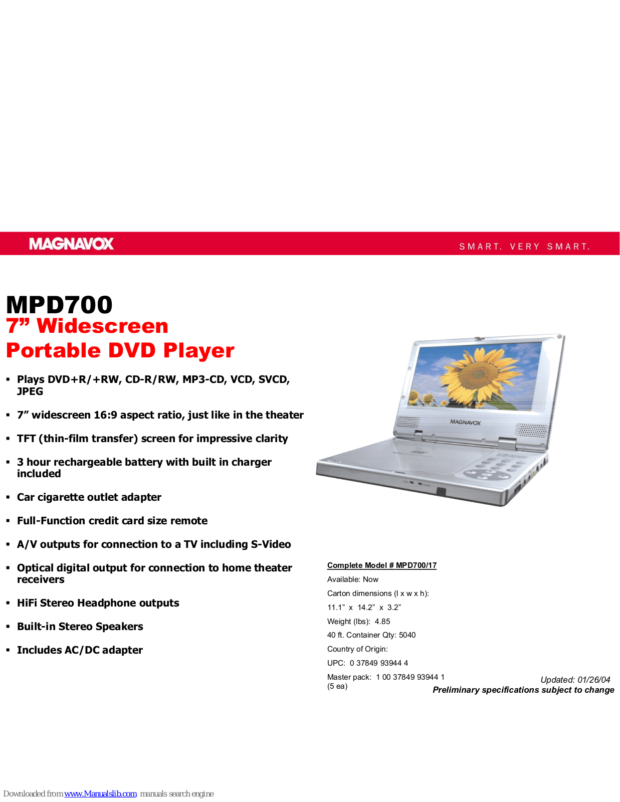 Magnavox MPD700, MPD700/17 Specifications