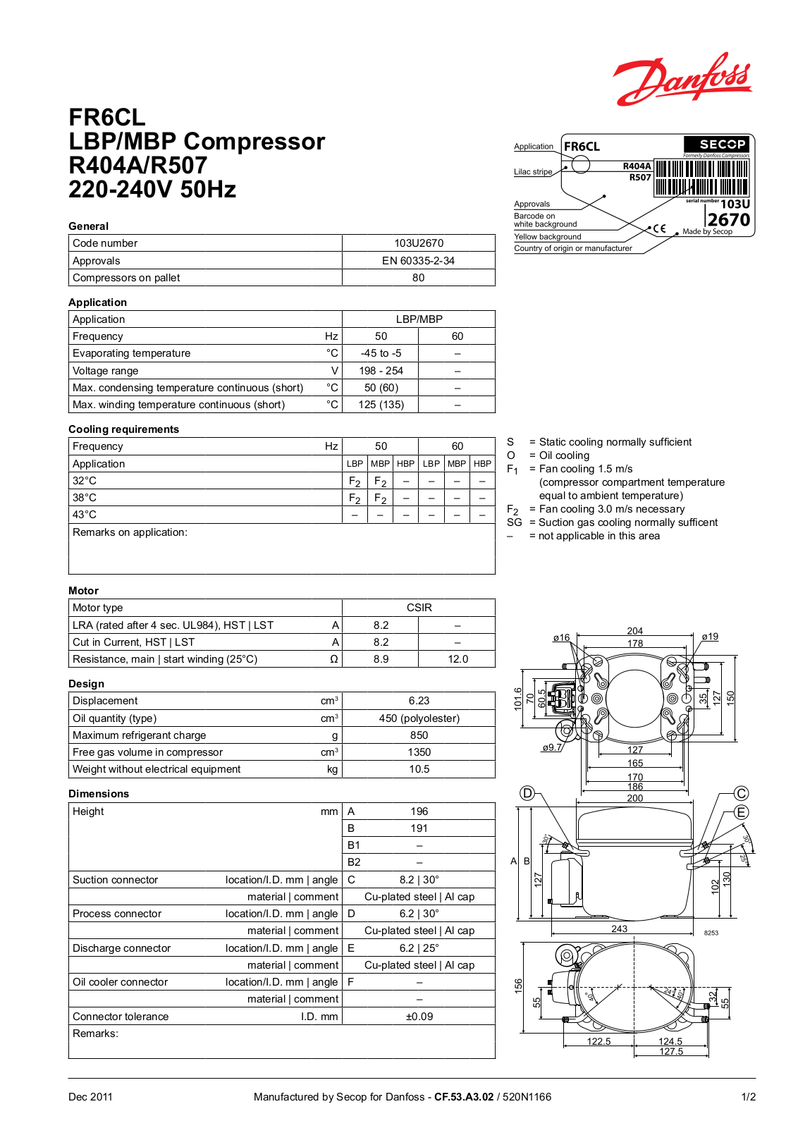 Danfoss FR6CL LBP, FR6CL MBP Data sheet