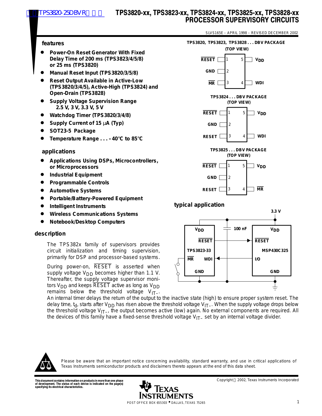 TEXAS INSTRUMENTS TPS3820-XX Technical data