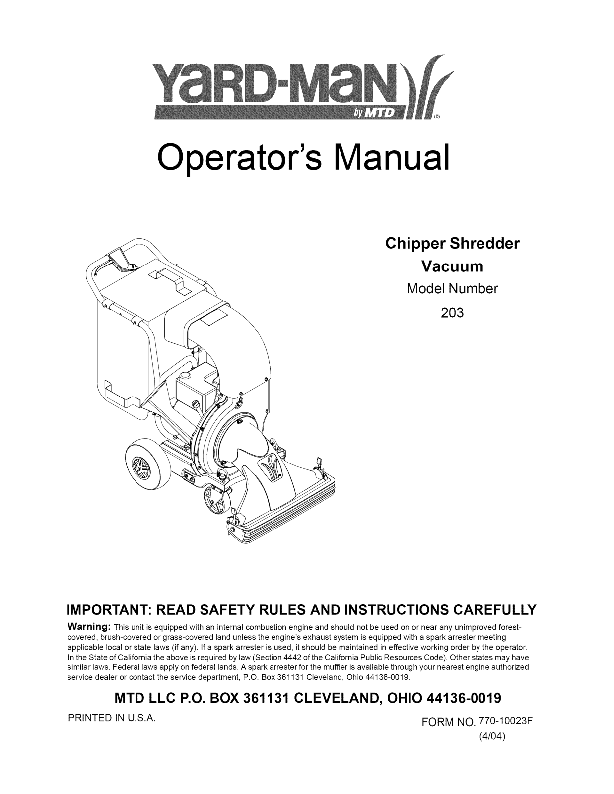 Yard-Man 24A-203C701 Owner’s Manual