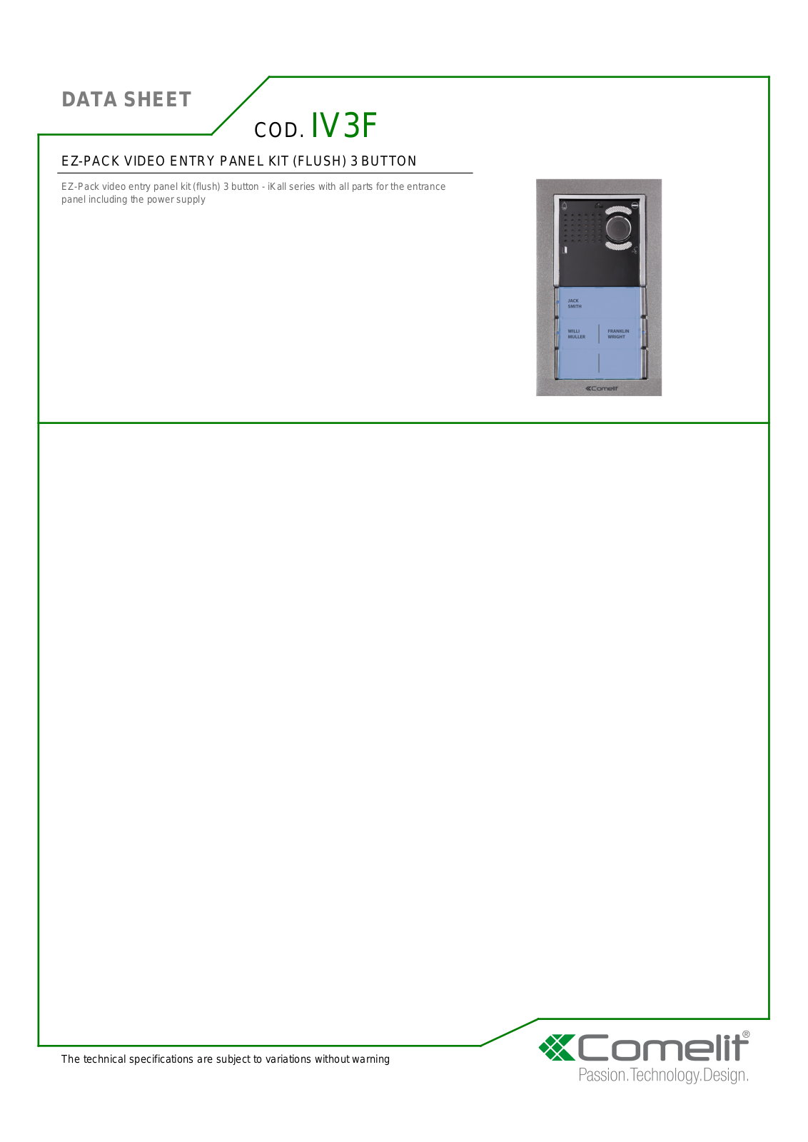 Comelit IV3F Specsheet