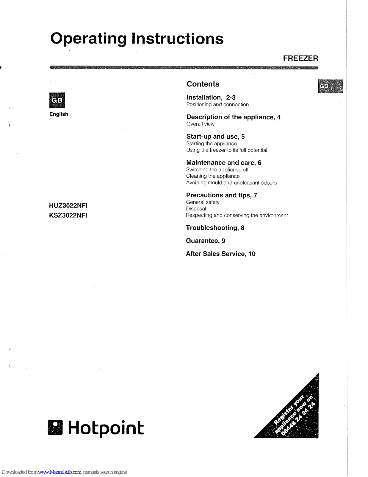 Hotpoint KSZ3022NI Operating Instructions Manual