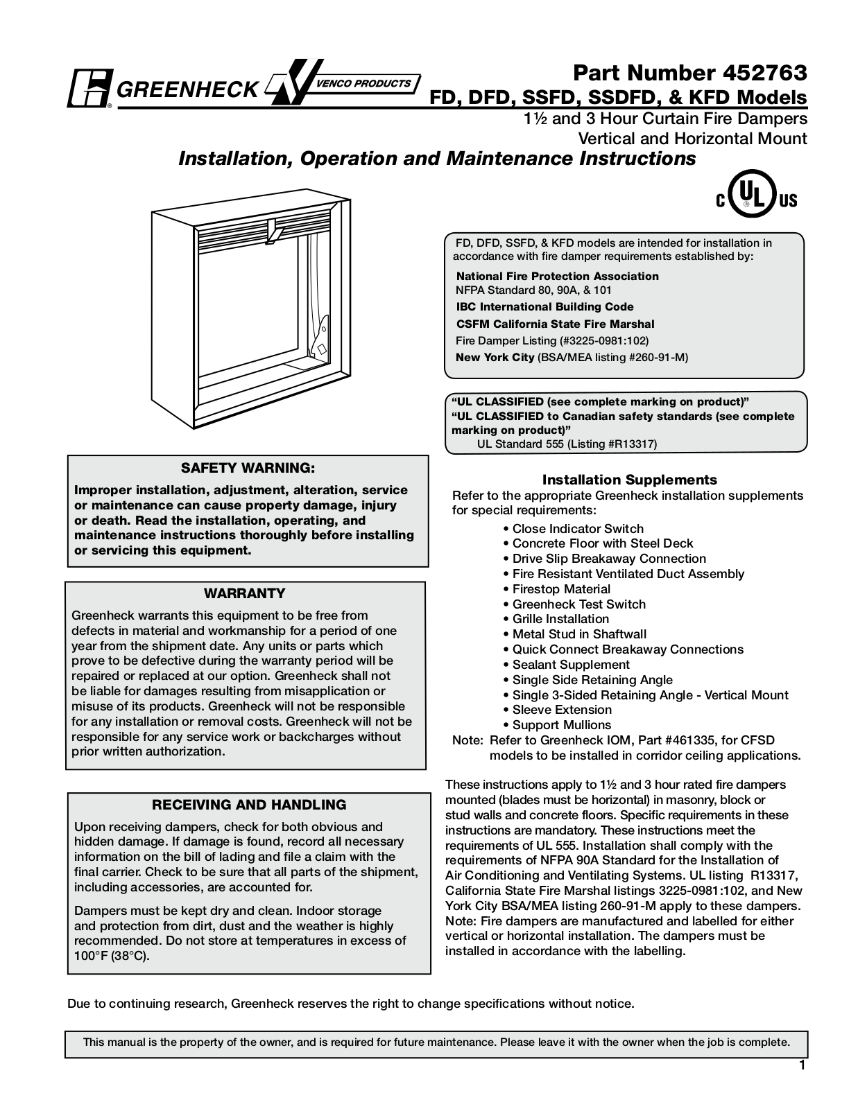 Greenheck SSKFD-350 Installation  Manual