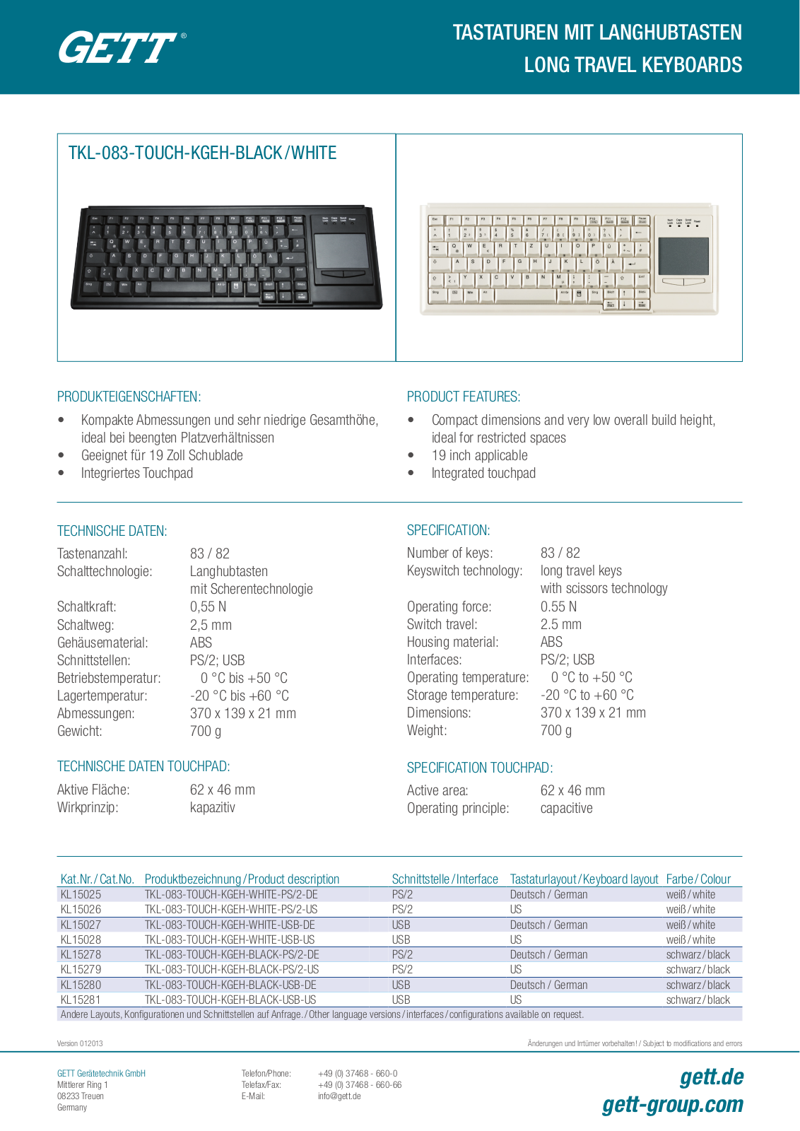 GETT TKL-083-TOUCH-KGEH User Manual