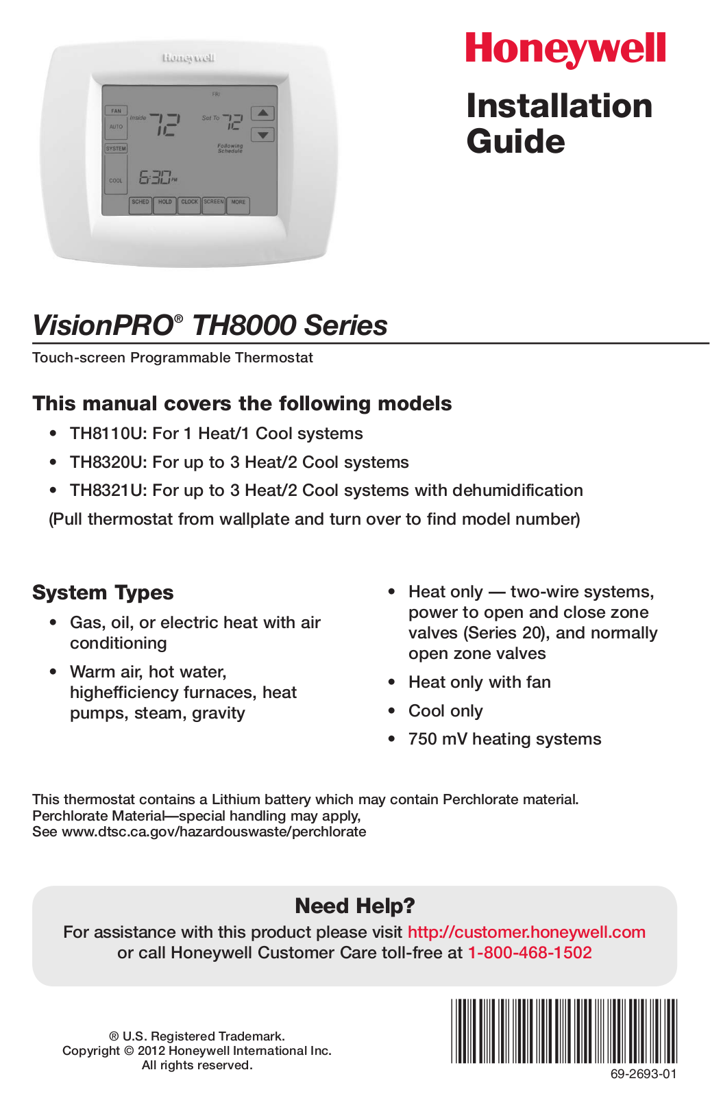 Honeywell TH8321U, TH8110U, TH8320U User Manual