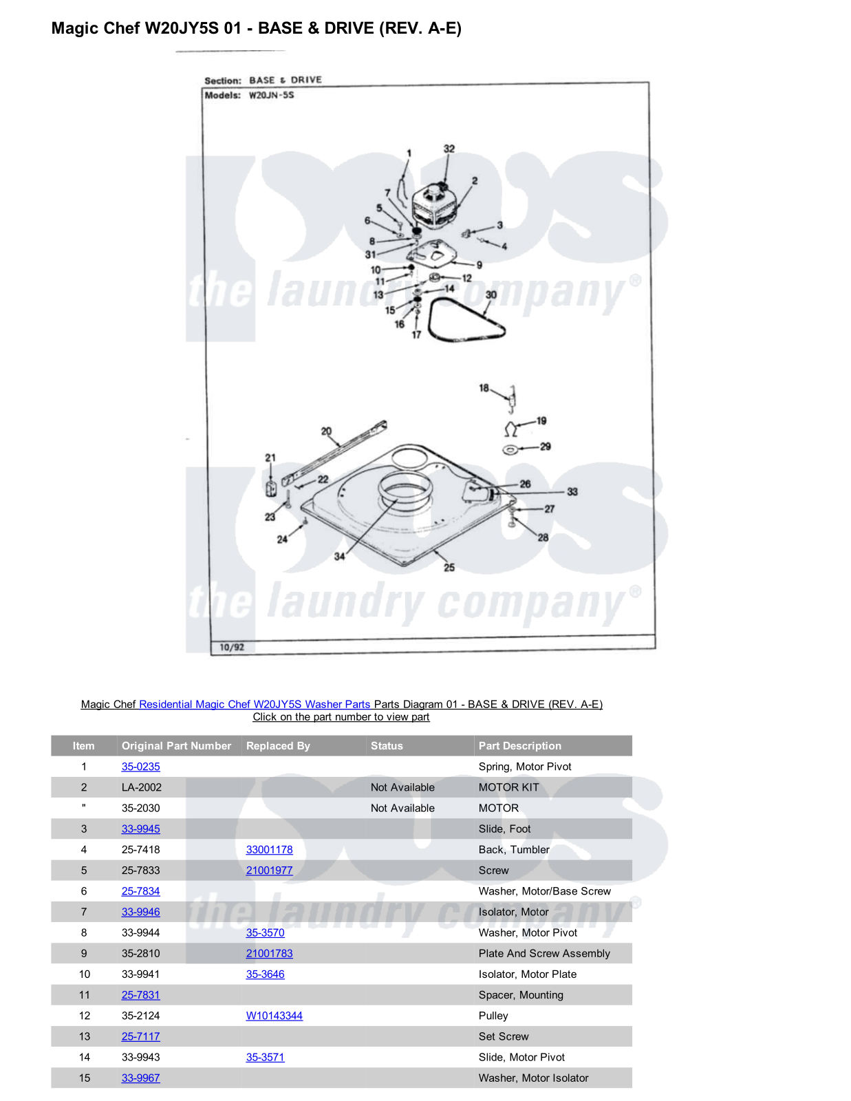 Magic Chef W20JY5S Parts Diagram