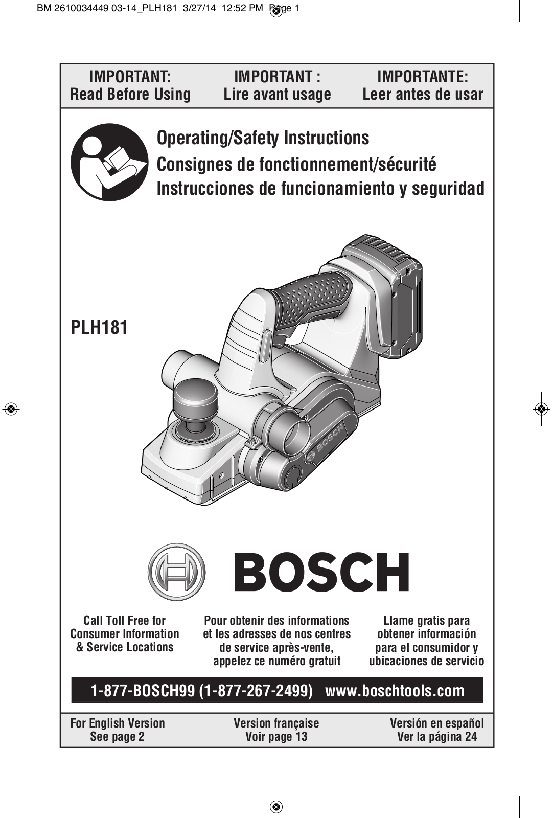 Bosch Power Tools PLH181BL, PLH181BN, PLH181K, PLH181B User Manual