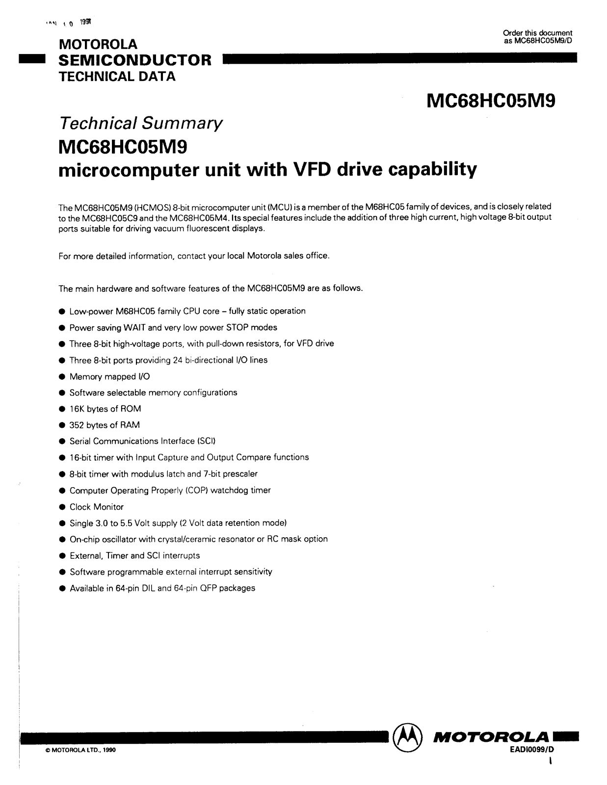 Motorola MC68HC05M9 Datasheet