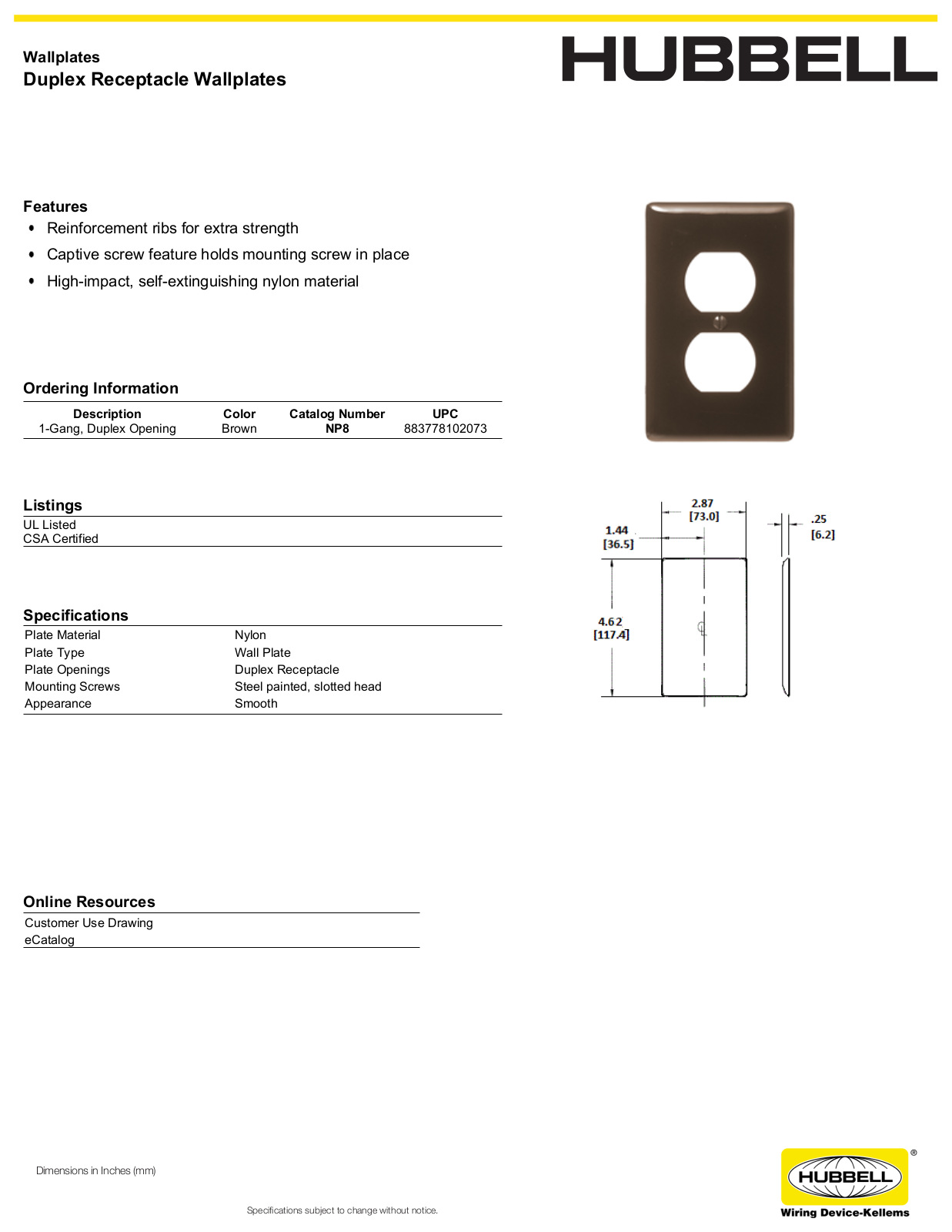 Hubbell NP8 Specifications