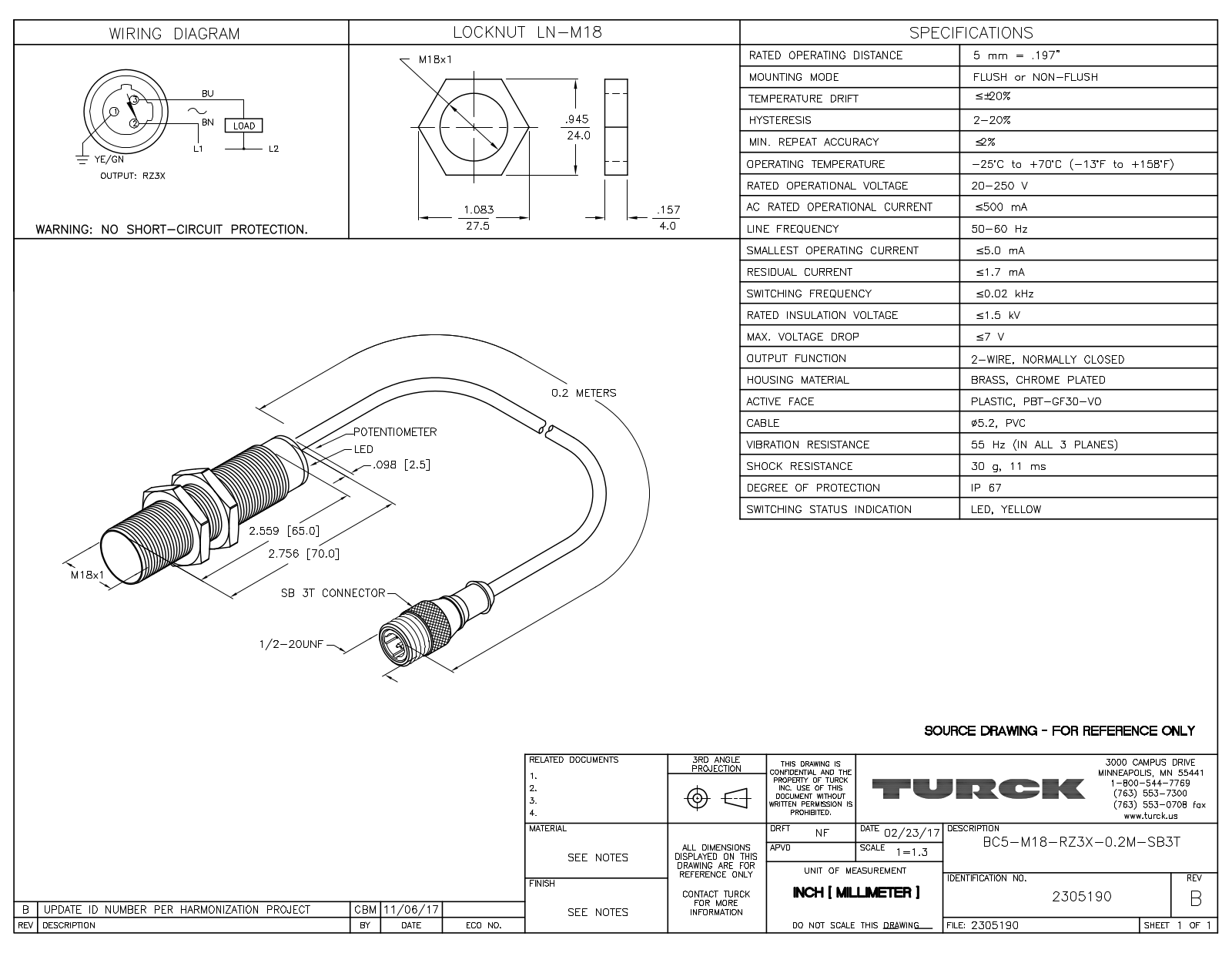 Turck BC5-M18-RZ3X-0.2-SB3T Data Sheet