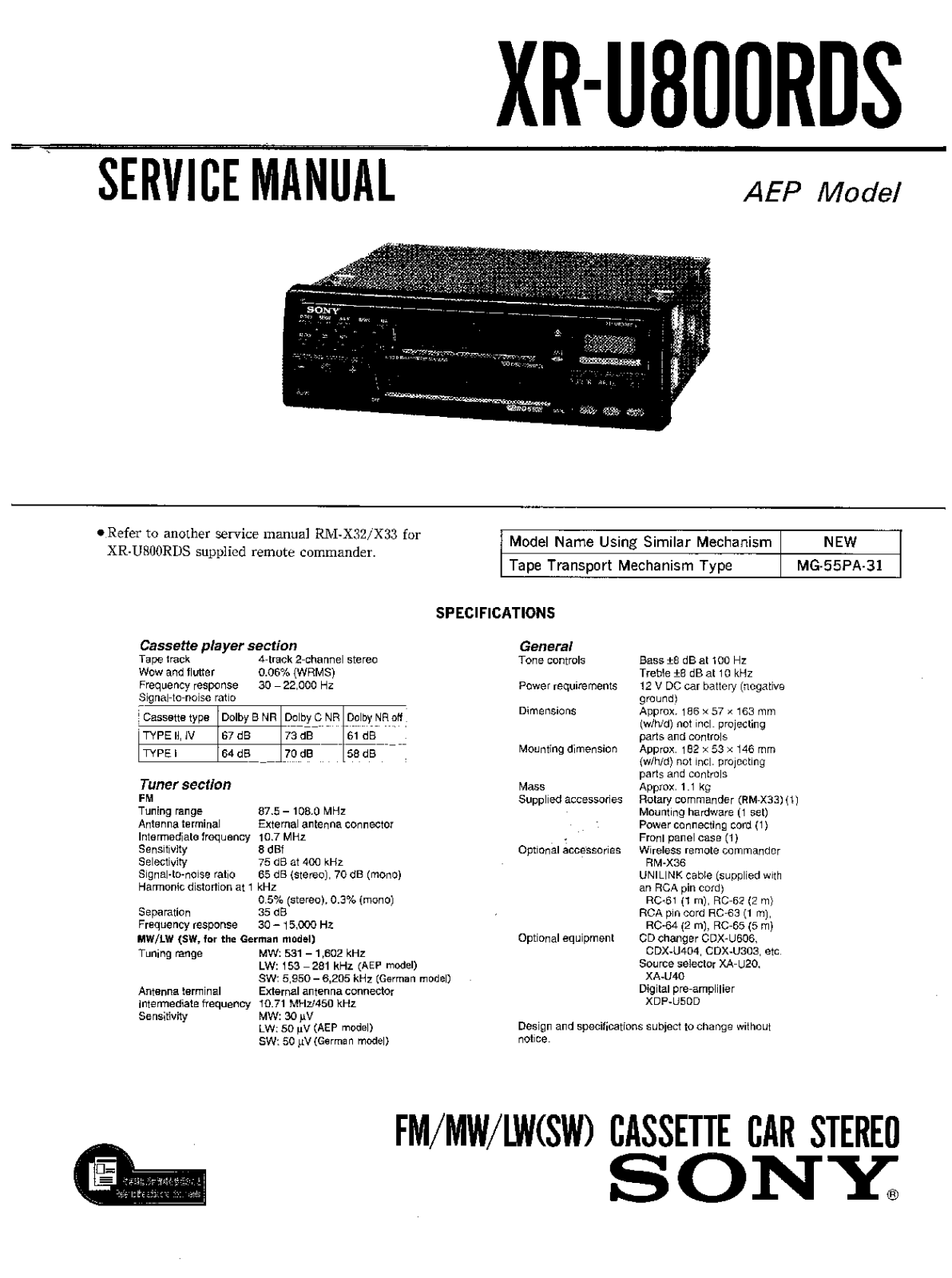 Sony XR-U800RDS Service Manual