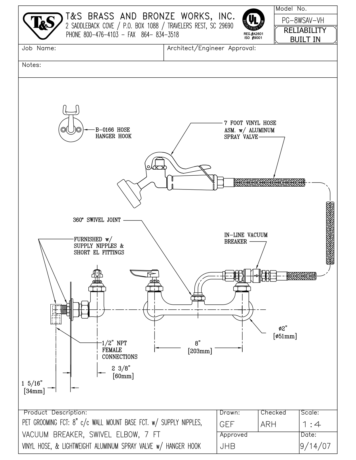 T&S Brass PG-8WSAV-VH User Manual