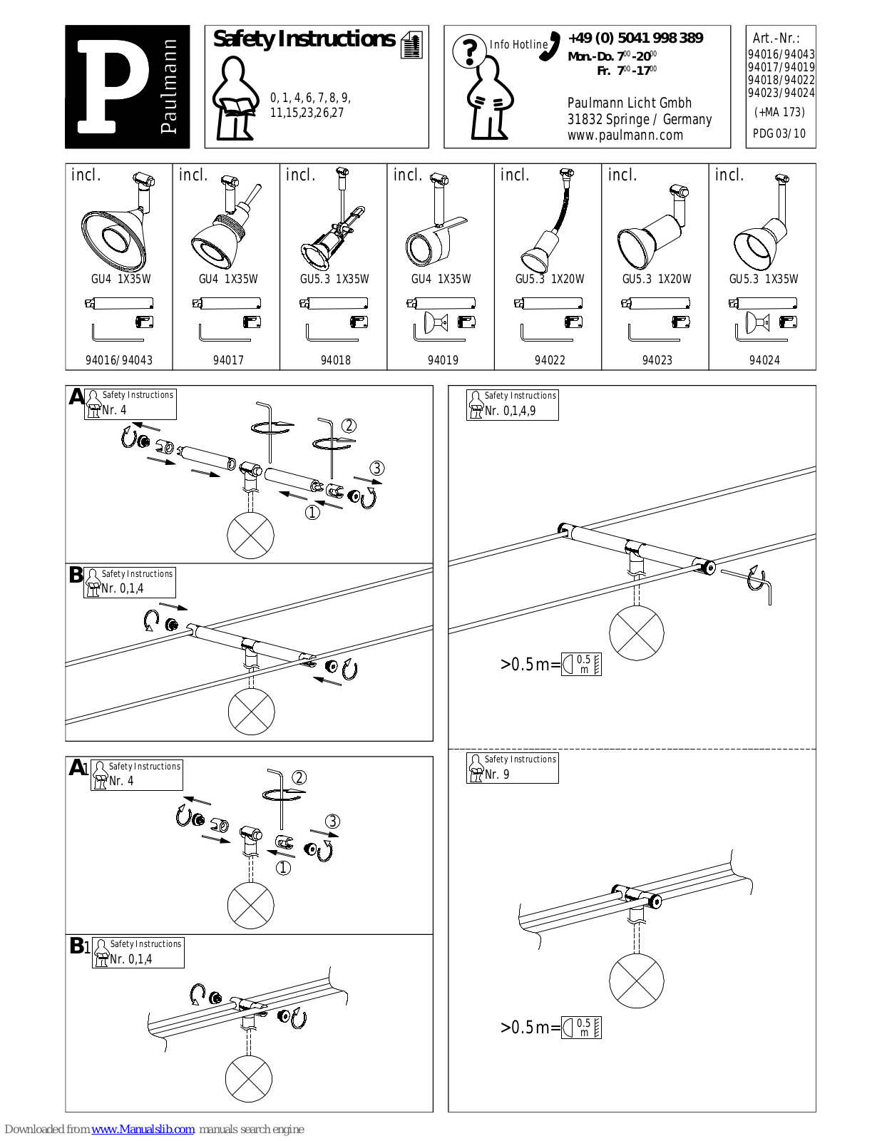 Paulmann 94016, 94019, 94043, 94023, 94018 Safety Instructions - ManualMachine.com