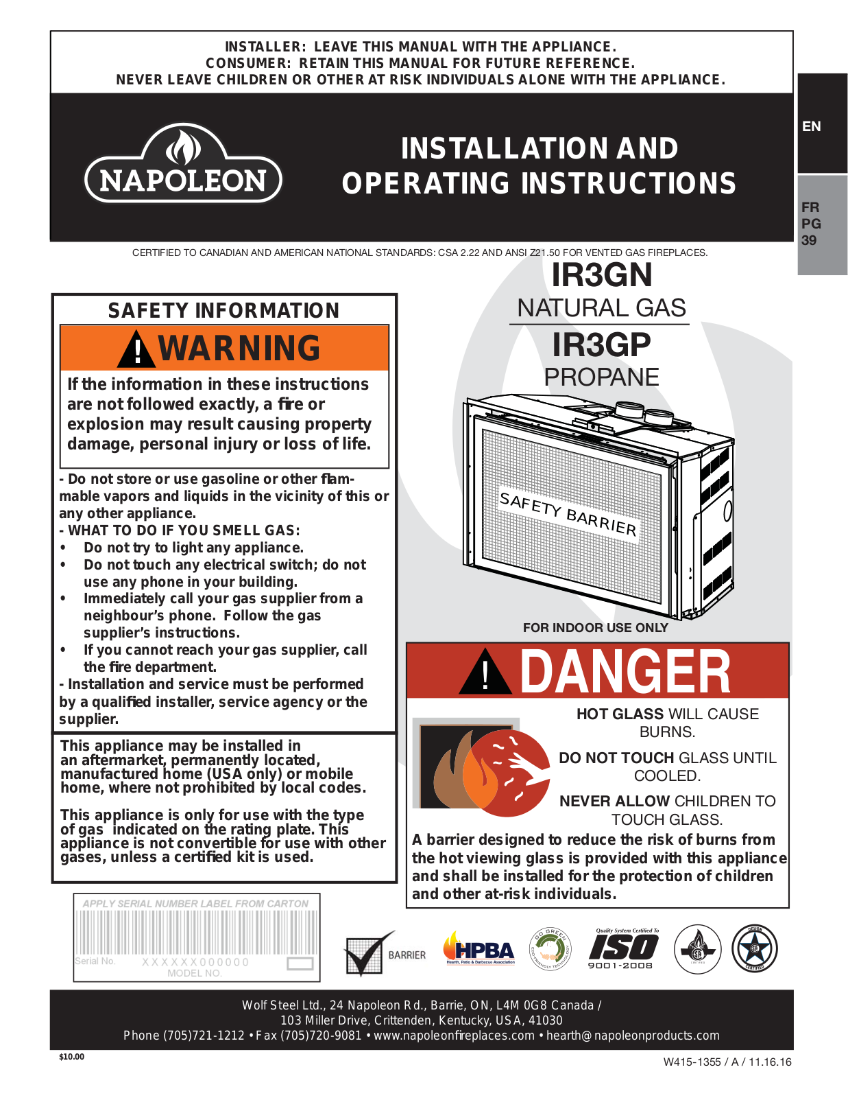 Napoleon IR3GNSB Installation Manual