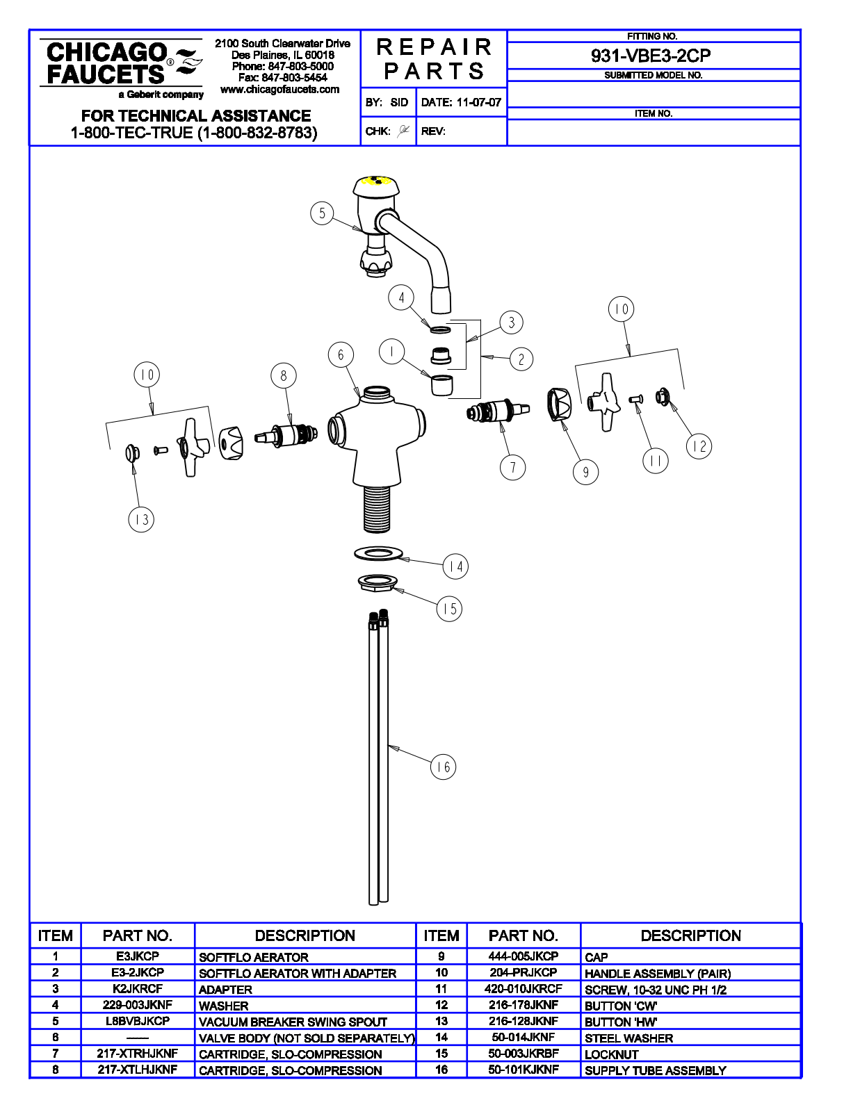 Chicago Faucet 931-VBE3-2CP Parts List