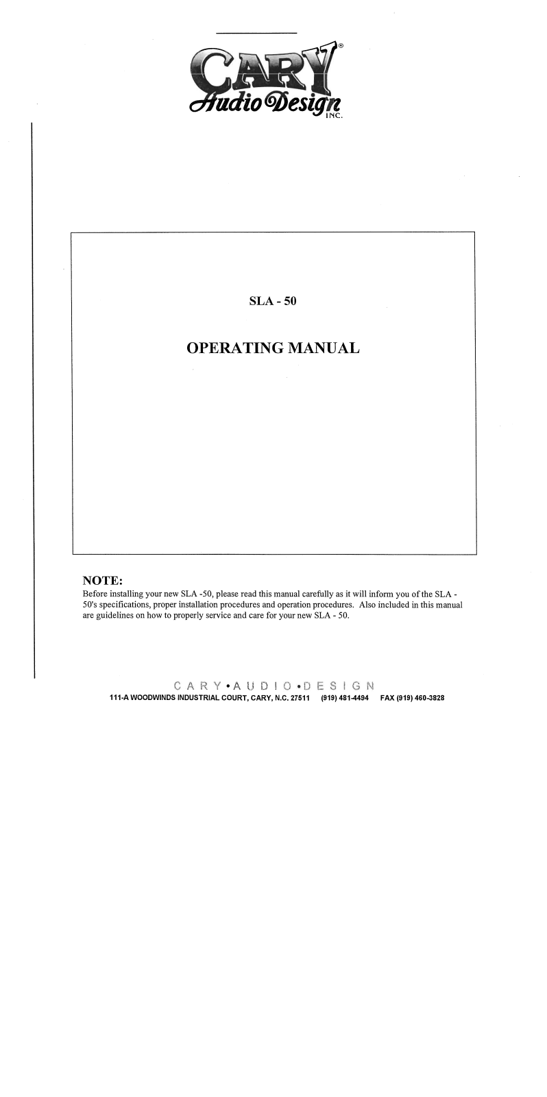 Cary Audio SLA 50 Owner's Manual