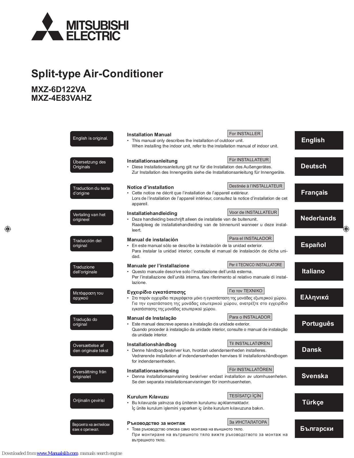 Mitsubishi Electric MXZ-4E83VAHZ, MXZ-6D122VA Installation Manual